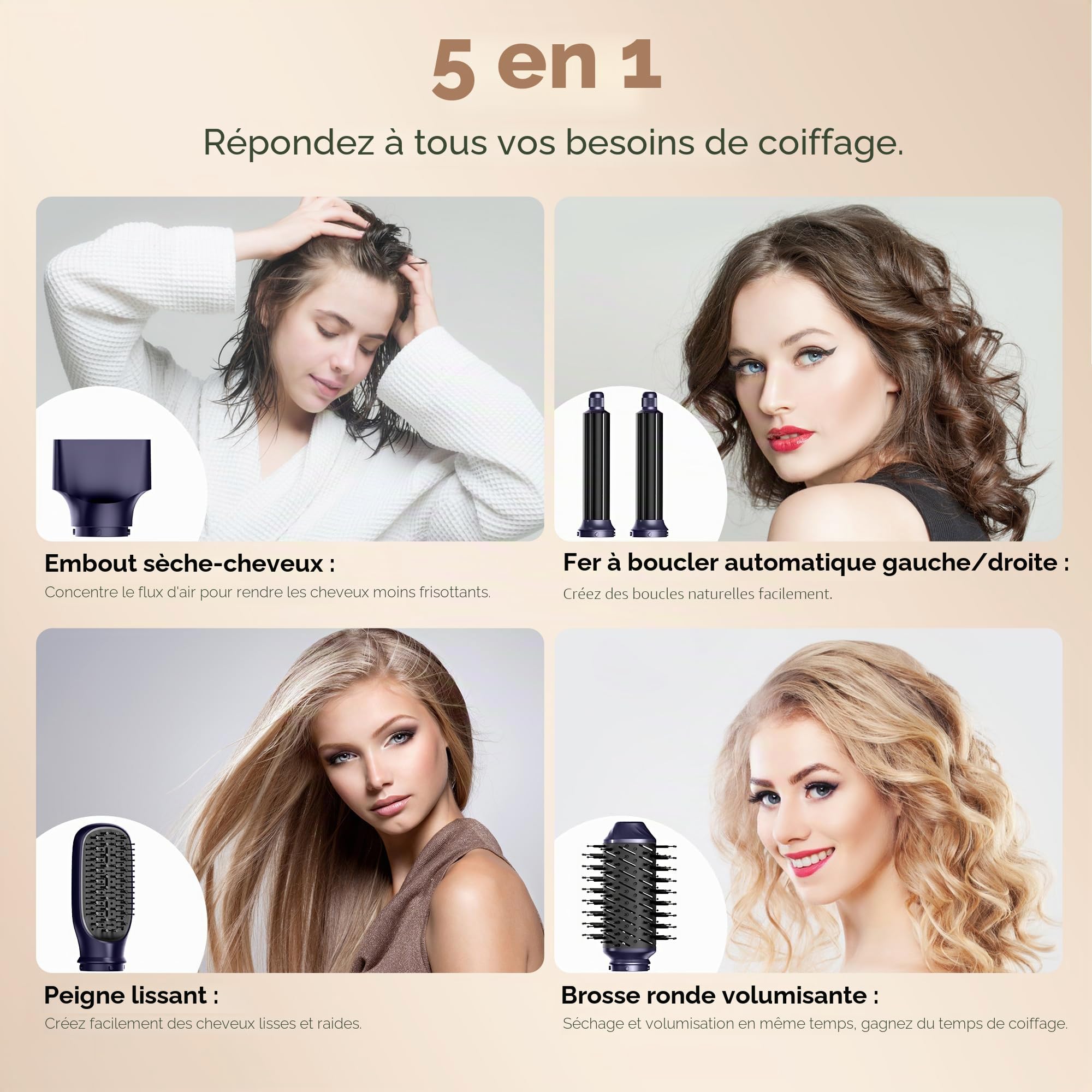 Air Brush 5 en 1, Hair Styler 5 en 1, Air Styler avec Sèche Cheveux Ionique, Brosse Soufflante, Fer à Boucler, Brosse Thermique, Brosse Lissante, Seche Cheveux 5 en 1 pour Sécher, Boucler, Lisser