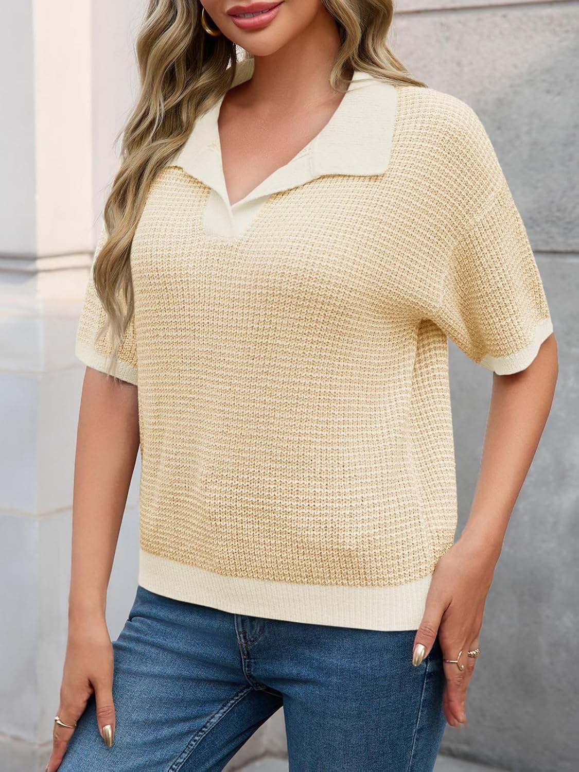 Cicy Bell Womens Striped Cropped Sweaters Tops Color Block Short Sleeve Knit V Neck Fall Casual Pullover - Image 3