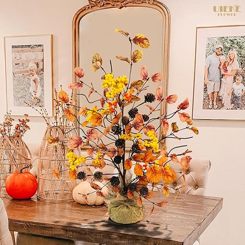 Miniatura 3 de Uieke Árbol de otoño de 20.5 pulgadas, decoración de otoño, árbol de eucalipto artificial con conos de pino, bayas florales naranjas, base