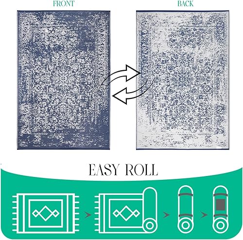 Miniatura 5 de Lush Ambience Zehra - Alfombra de exterior azul marino, lavable, impermeable, reversible, alfombra de paja de plástico reciclado, campamento, casa