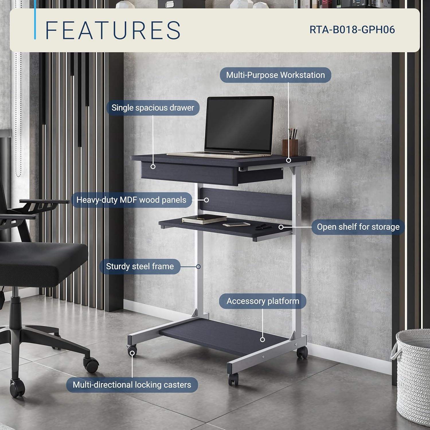 Rolling Laptop Cart with Storage, Portable Computer Desk, Rolling Cart Workstation, or Laptop Stand with Printer Shelf, Graphite Black
