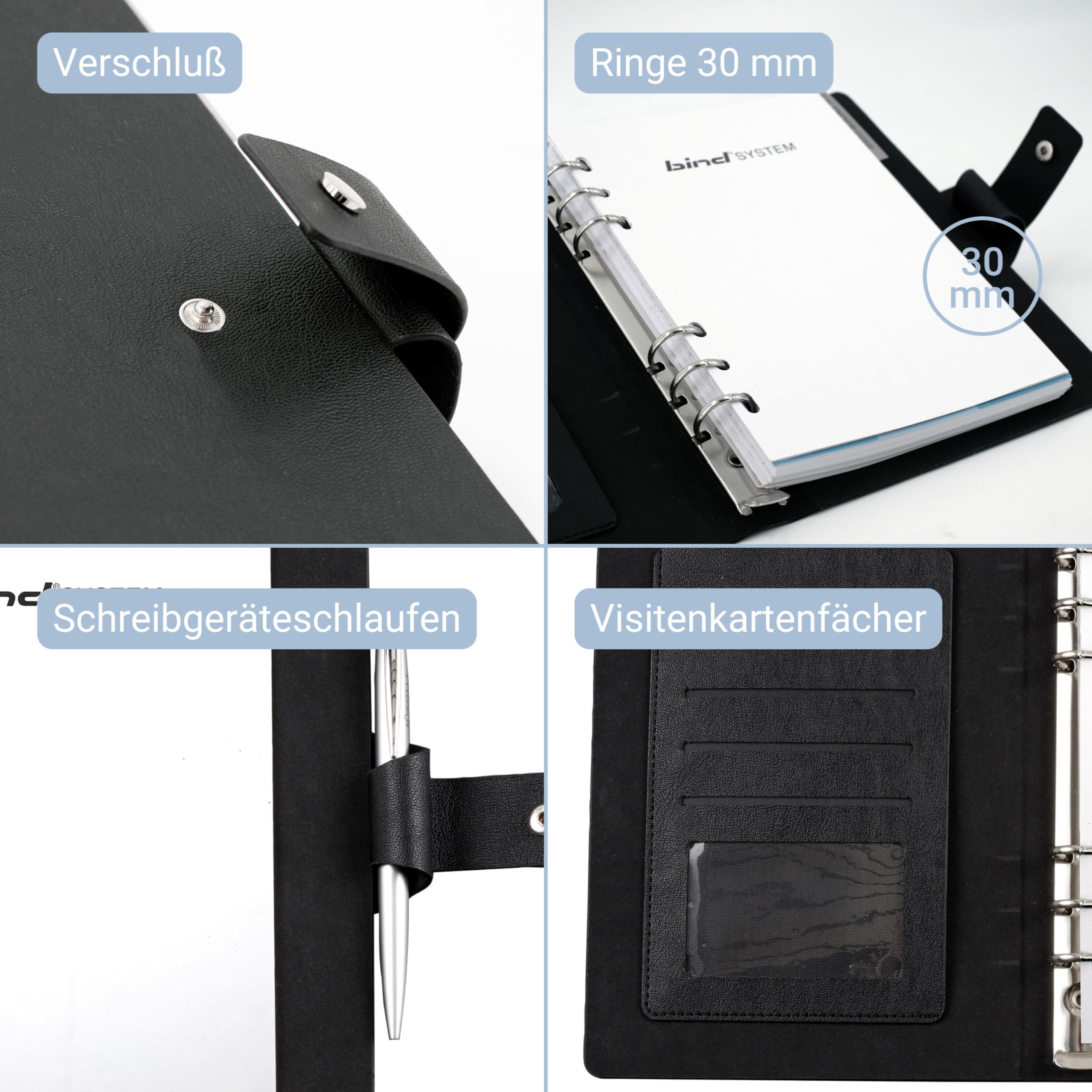 bind 15801 - Terminplaner mit Ringmechanik DIN A5, Organizer aus Lederimitat, Systemplaner in schwarz, Kalender mit 4 Visitenkartenfächern, Stiftschlaufe, Terminkalender mit System 1 Woche / 2 Seiten