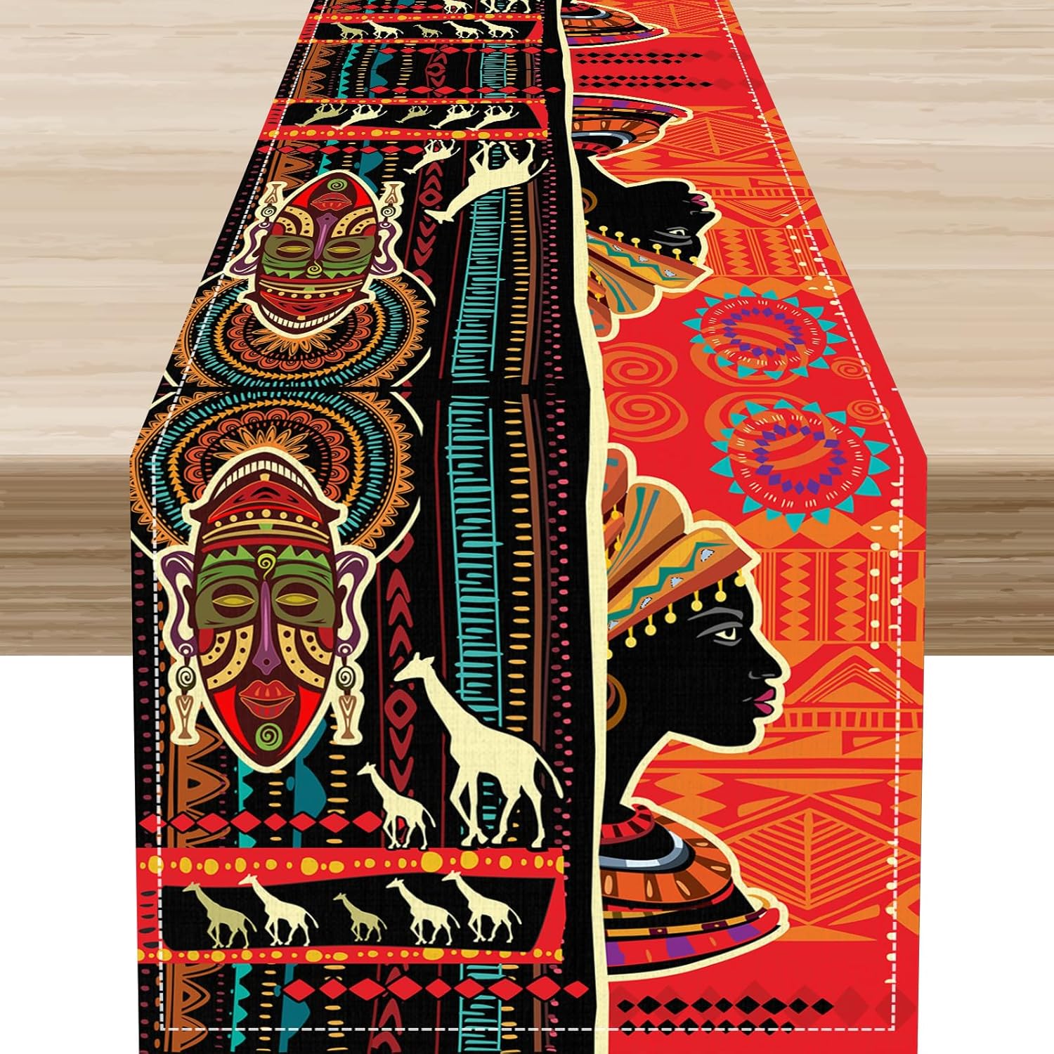Traditional African Table Runner, African Women Drum Native Abstract Geometric Rustic Tribal Pattern Ethnic Style Table Setting Decor for Kitchen Dining Patio Holiday Party Indoor Outdoor 13x108