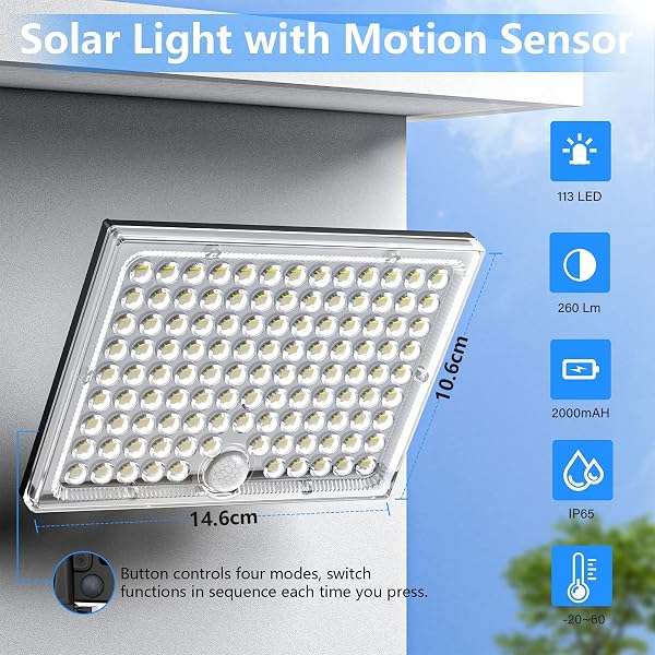 Lampada Solare da Esterno, Faretto Led da Esterno con Sensore di Movimento, Luce Solare Led Esterno con Pannello Solare, 113 LED 2000mAh 4 Modes Lampioni Luci Solari da Giardino con 5M Cavo, 1 Pezzo - 4