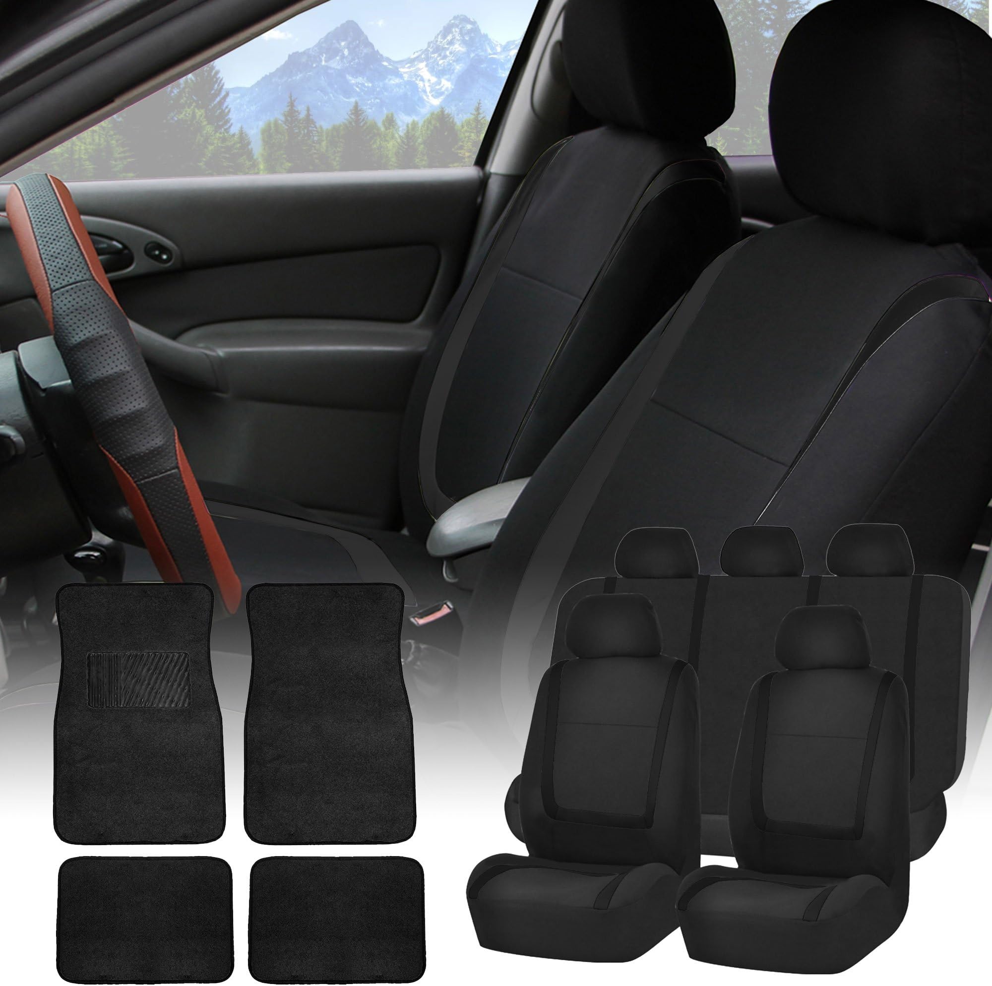 FH Group FH-FB032115 Unique Flat Cloth Seat Covers with F14407 Premium Carpet Floor Mats Solid Black- Fit Most Car, Truck, SUV, or Van