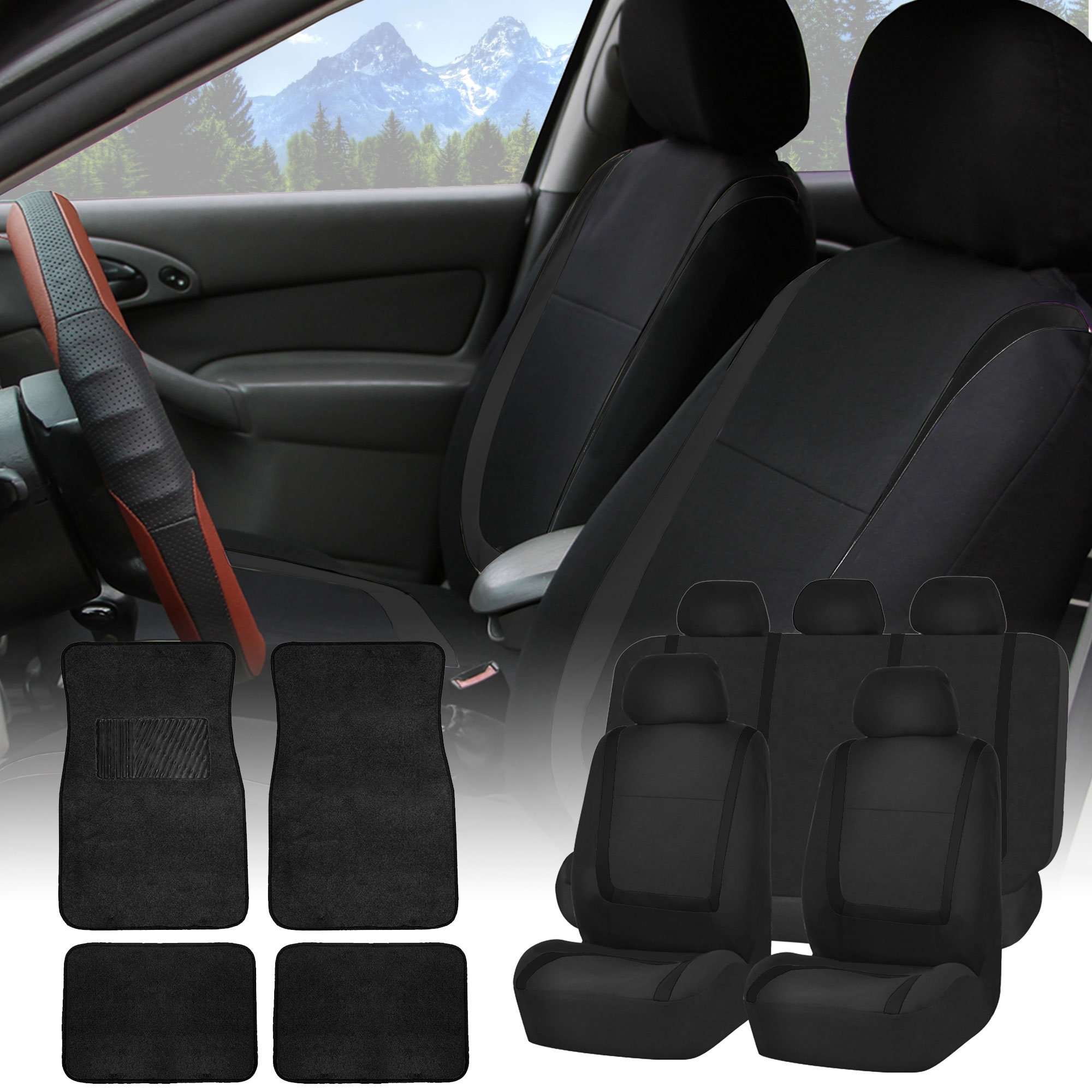 FH Group FH-FB032115 Unique Flat Cloth Seat Covers with F14407 Premium Carpet Floor Mats Solid Black- Fit Most Car, Truck, SUV, or Van