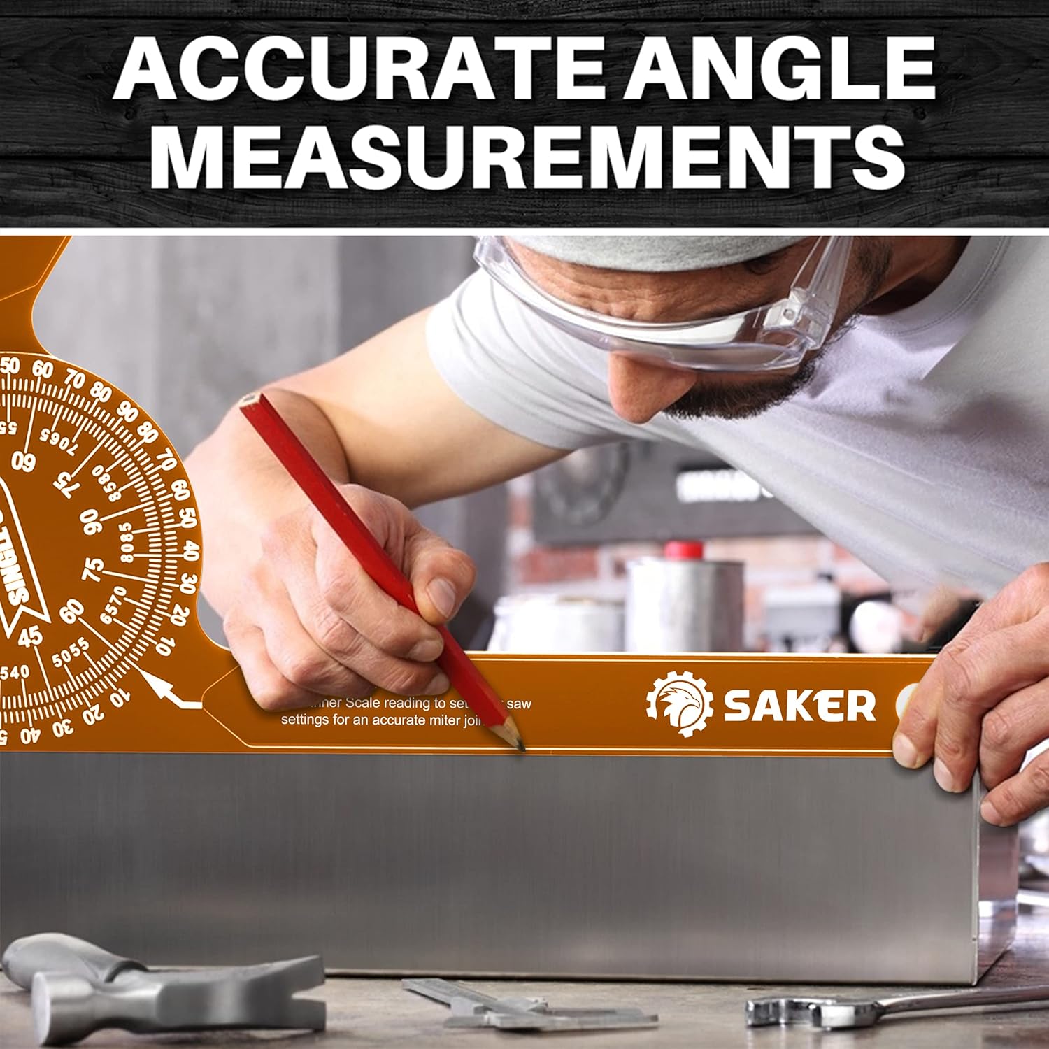 Saker Miter Saw Protractor|7-Inch Aluminum Protractor Angle Finder Featuring Precision Laser-Inside & Outside Miter Angle Finder for Carpenters(Orange)