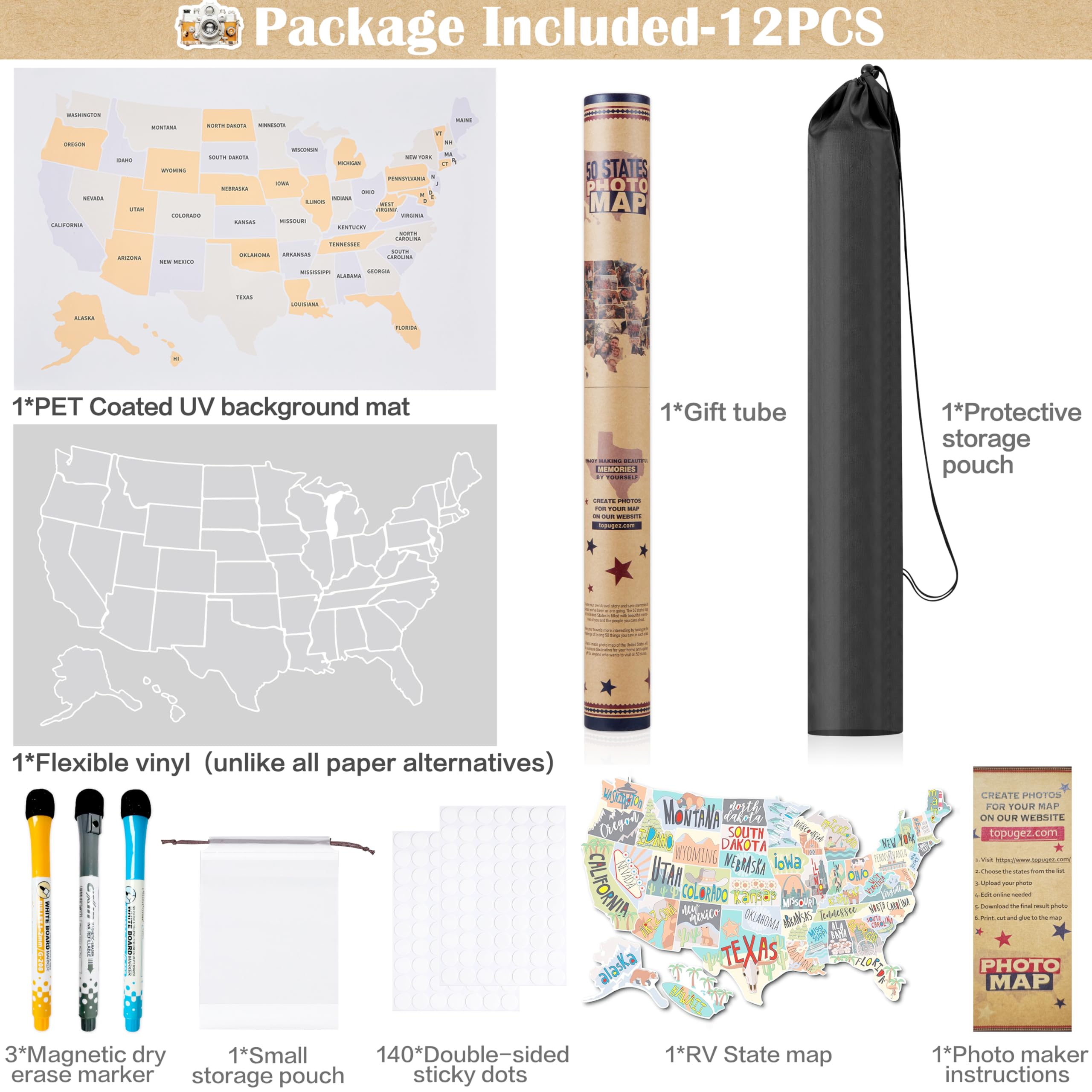 Mapa de fotos de viaje de Estados Unidos, 24 x 36 pulgadas, mapa de 50 estados, incluye fotógrafo, fácil de usar, regalo ideal para amantes, parejas, aventureros, marco de fotos de Estados Unidos, sin