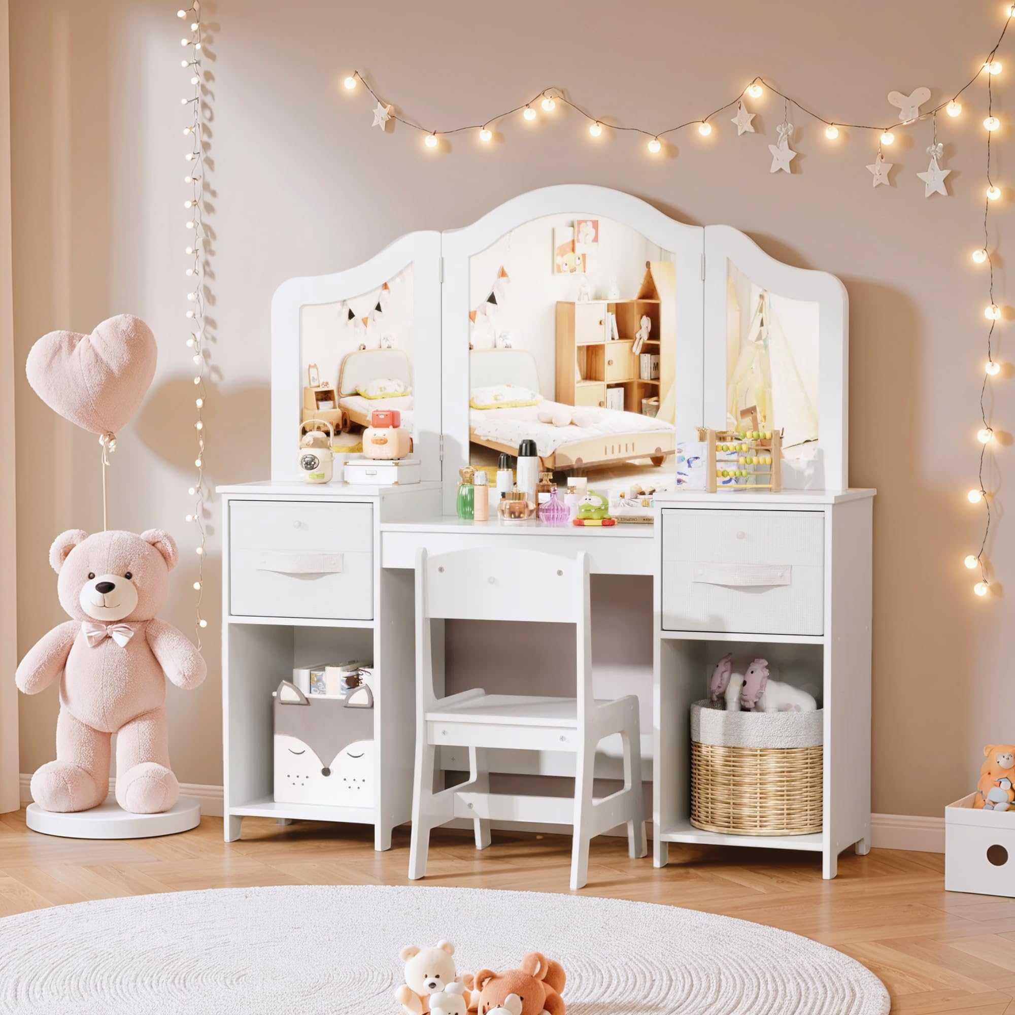 Clevich Coiffeuse Enfant 2 en 1, Amovible, Coiffeuse avec Miroir et Tabouret Enfant, Bureau pour Enfants Robuste, avec 4 Étagères et 2 Boîtes de Rangement, pour Enfants de 3 Ans+ (Blanc)