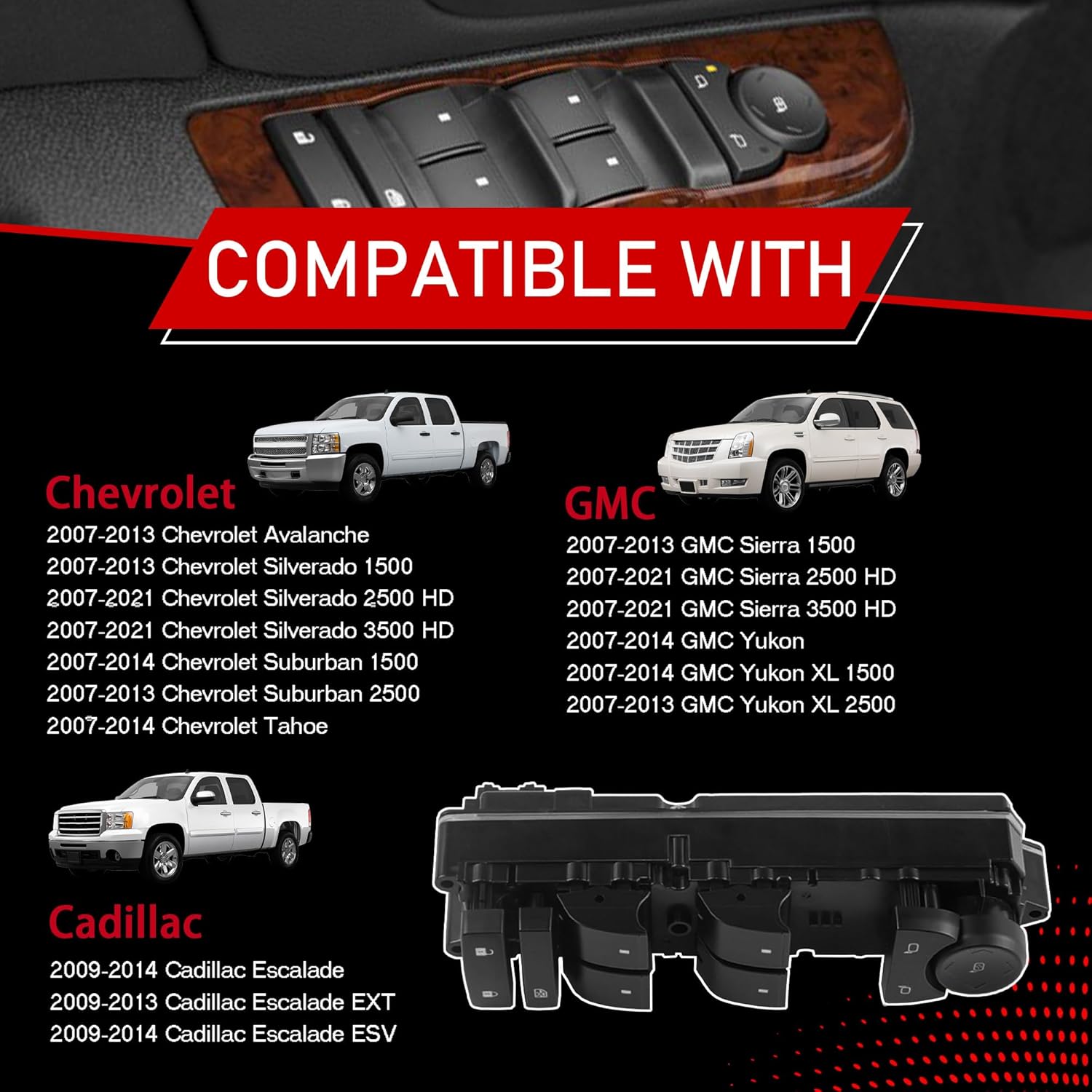 20835552 Front Driver Side Master Power Door Lock Window Control Switch Compatible with 2007-2021 Chevrolet Tahoe Avalanche Silverado Suburban GMC Yukon Cadillac Escalade Replaces 15093439