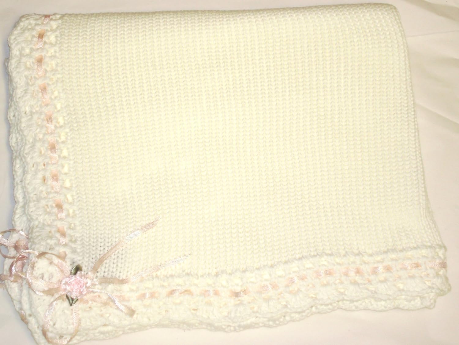 Knitted White Cotton Finished Hand Crochet with White Chenille Girls Blanket Trimmed with Pink Ribbons