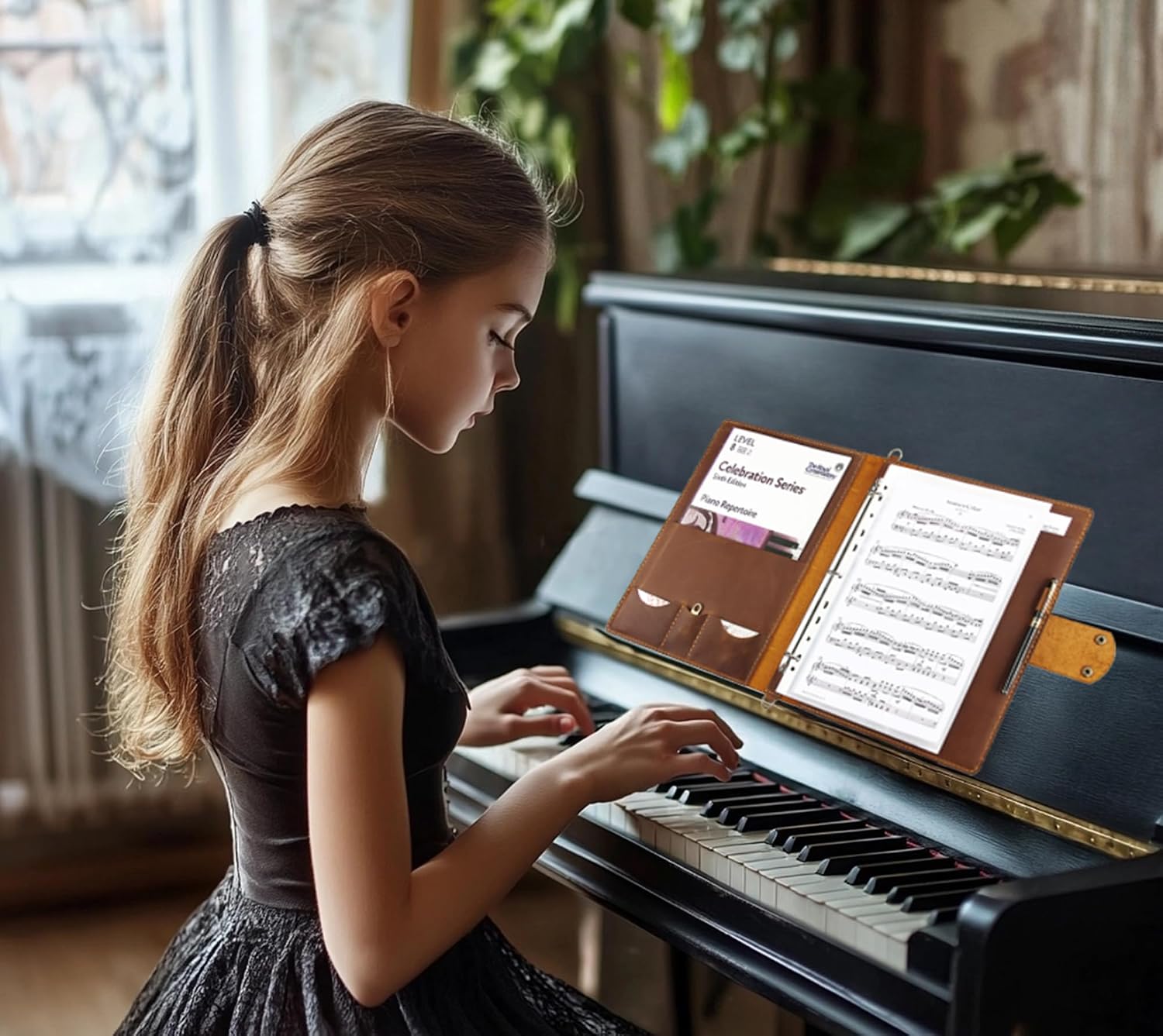 Handmade Leather Sheet Music Folder, 3-Ring Choir Binder with Clear Sheet Protectors, Premium Leather Portfolio for Music Organizer & Office Use - Brown