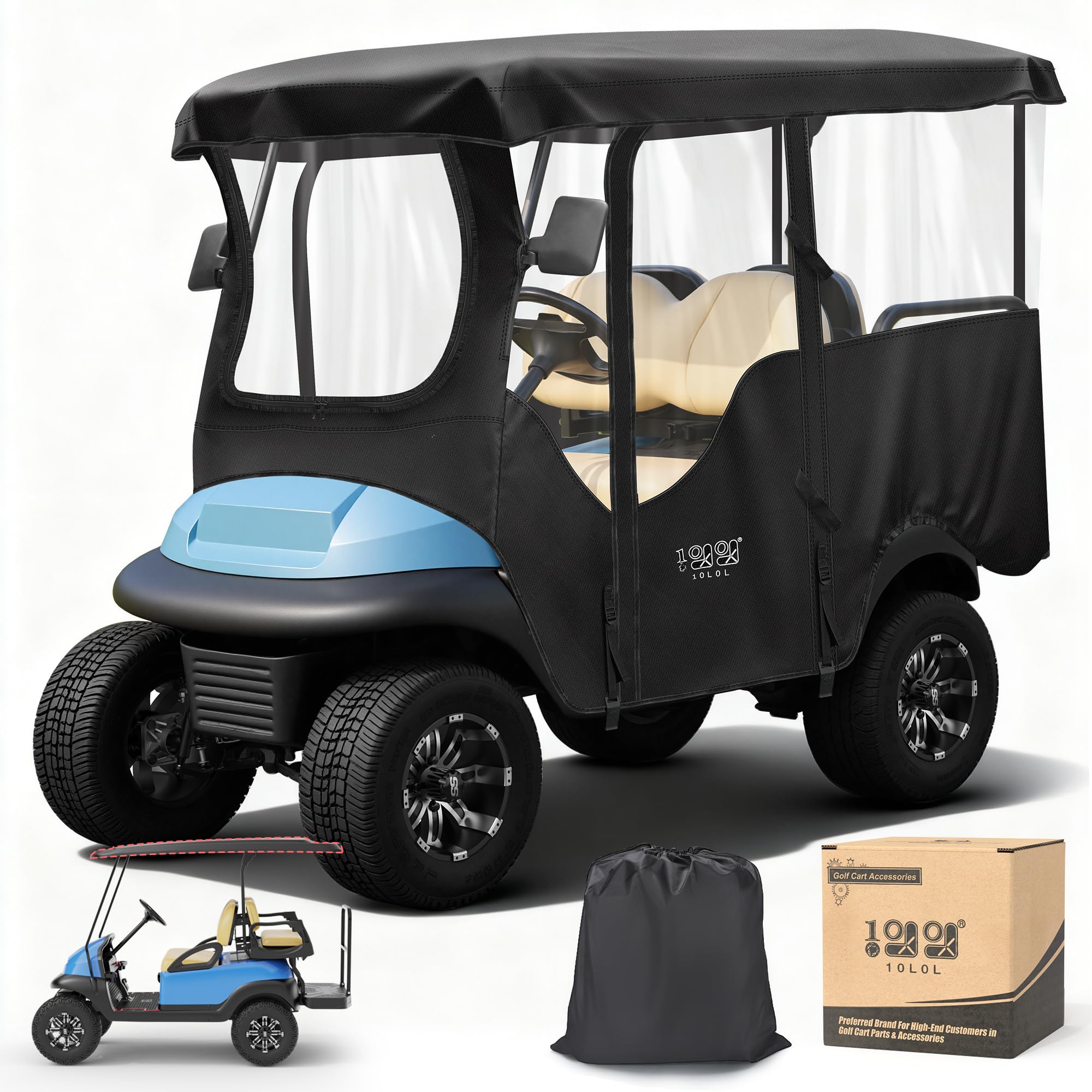 Photo 1 of 10L0L Golf Cart Enclosure 600D for 4 Passenger Club Car Precedent, 94.5'' Extended Roof with Security Side Mirror Openings, Waterproof Portable Transparent Golf Cart Cover Storage Driving Enclosure