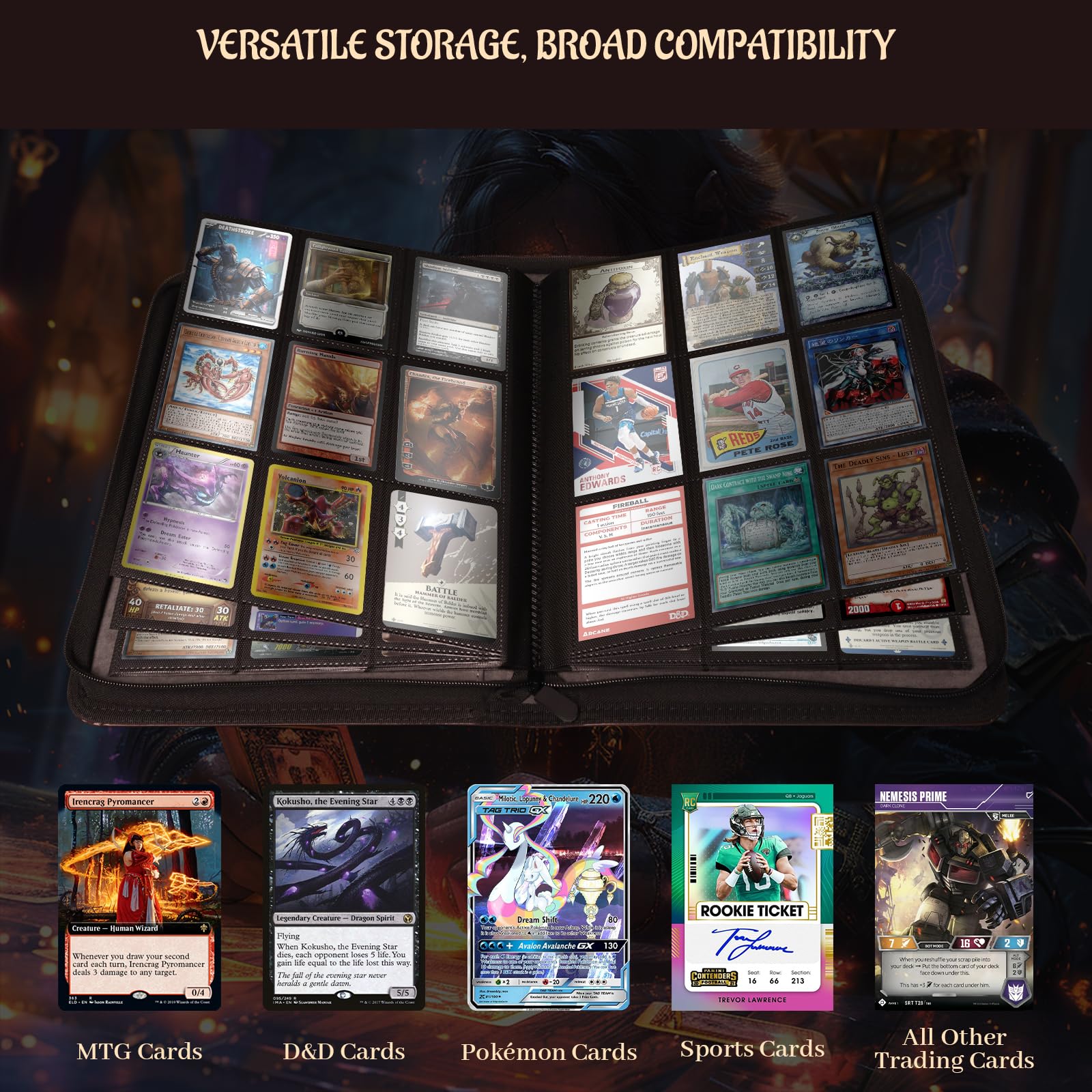 Portal Magic Book - Raccoglitore per carte collezionabili, in pelle PU goffrata 3D, con cerniera, 9 tasche e cartella a caricamento laterale, contiene 360 carte, custodia per MTG, TCG, Sport e carte
