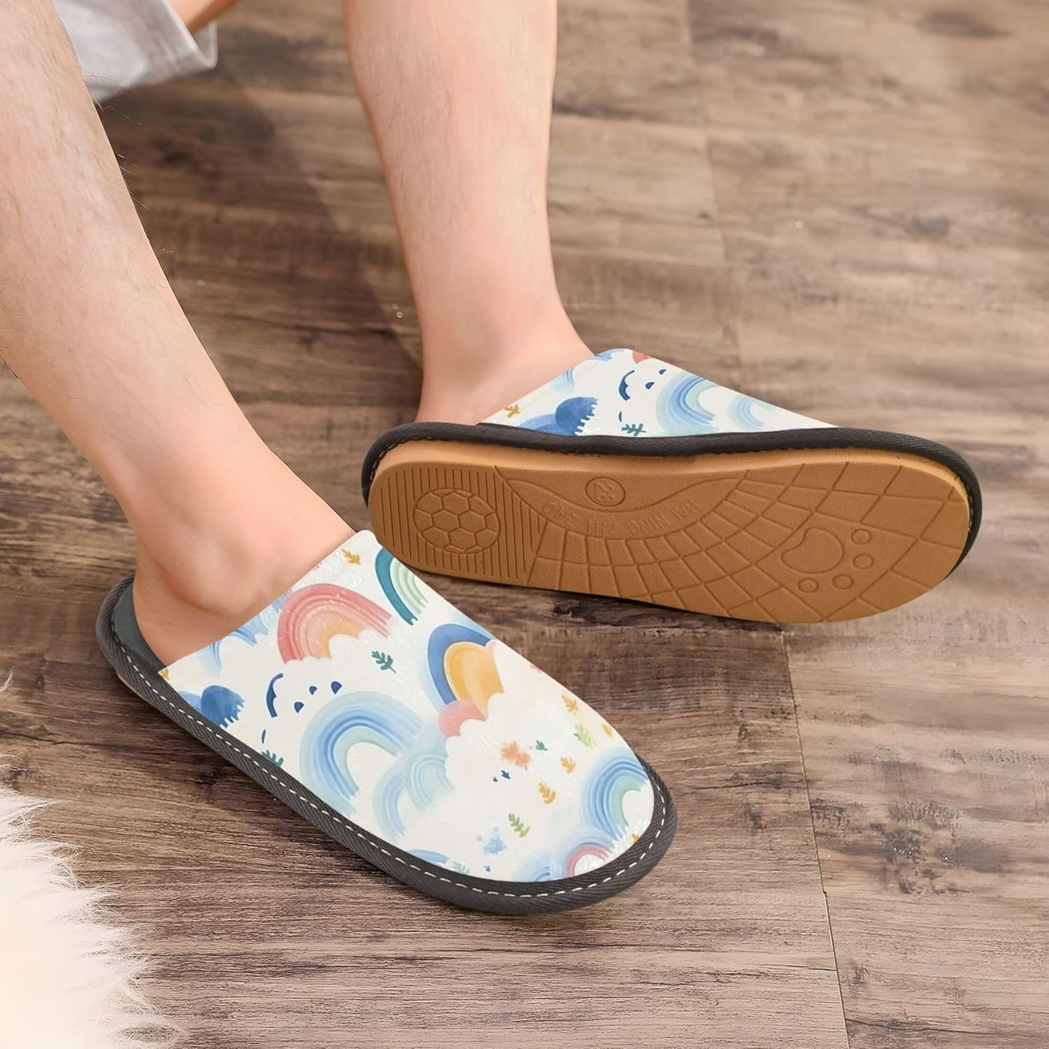 Rainbow Cloud House Slippers – Cozy Fuzzy Slippers for Guests, Washable & Disposable, Perfect for Shoeless Home, Spa & Hotel Use A111071