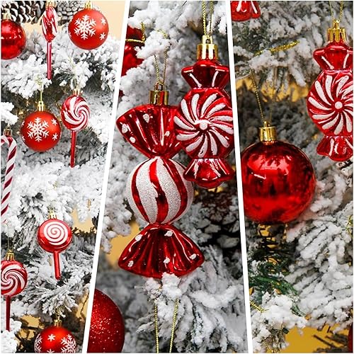 Miniatura 6 de MOYEE - 36 adornos de Navidad rojos y blancos, adornos de Navidad rojos inastillables de plástico para árbol, decoraciones de Navidad de bastón de