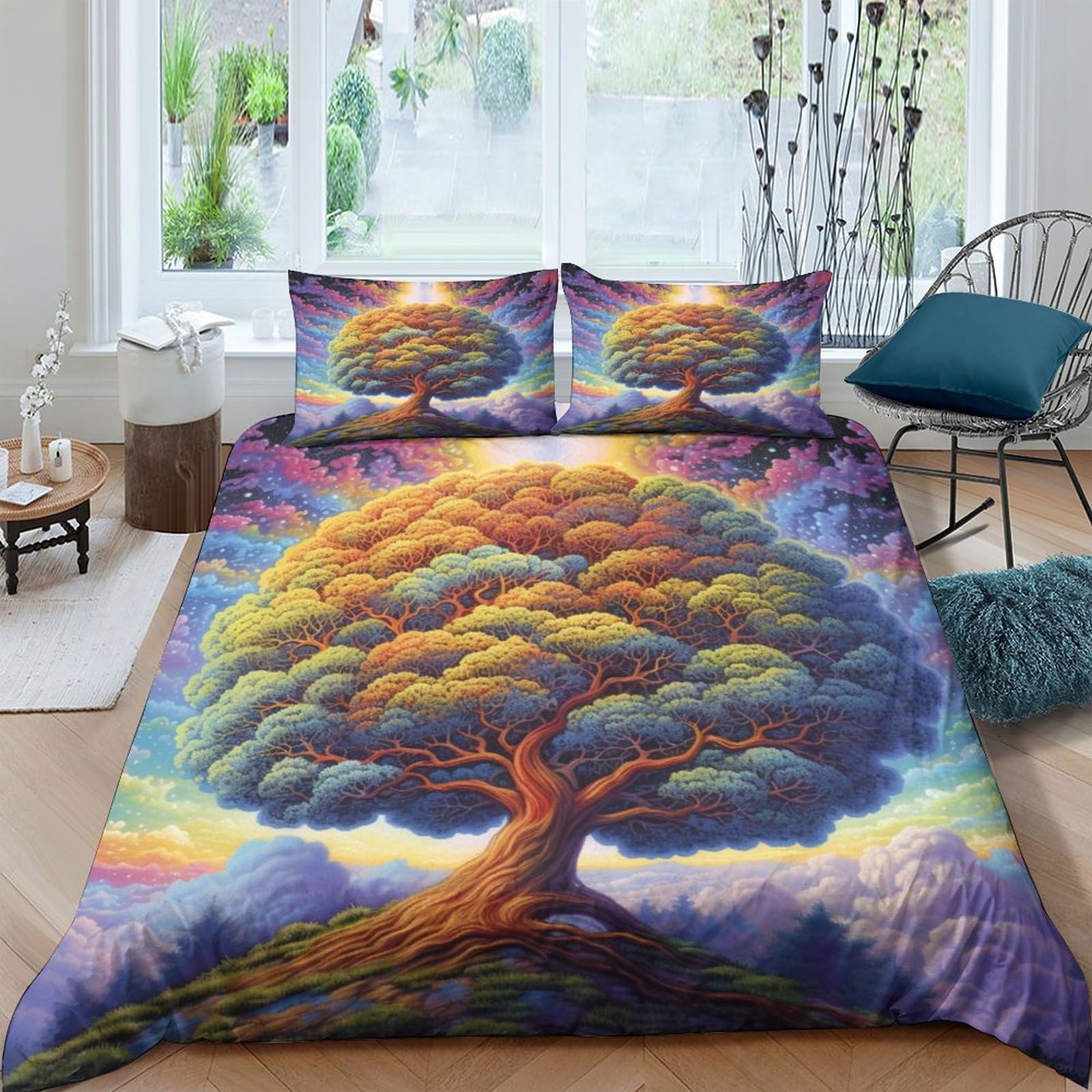 Housse de couette arbre arc-en-ciel 3D microfibre douce et zippée