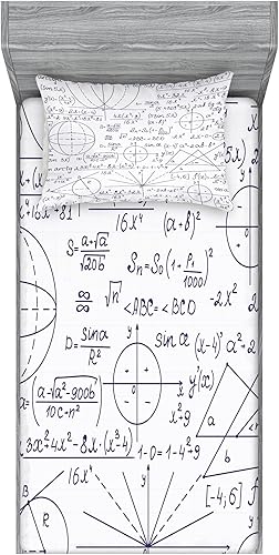 Ambesonne Moderno juego de sábanas bajeras y fundas de almohada, patrón clásico de números temáticos de matemáticas sobre fondo liso, juego de ropa
