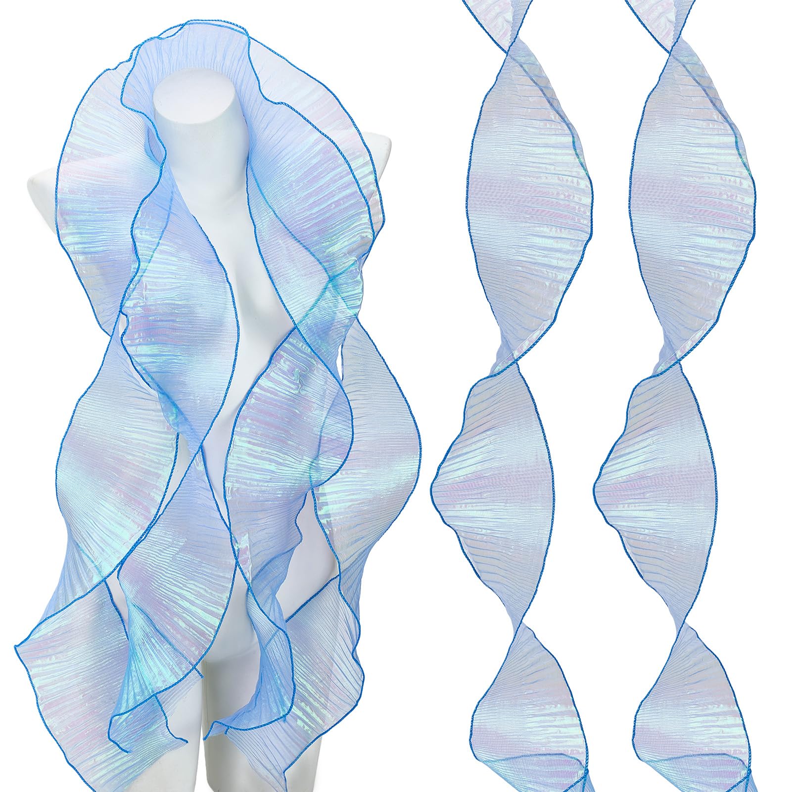 letsinstyle 15 Yards Blue Iridescent Ruffle Chiffon Ribbon, 5.12 Inch Pleated Organza Ribbon Gradient Lotus Leaf Trim, Polyester Lace Trimming for Decoration Craft Sewing