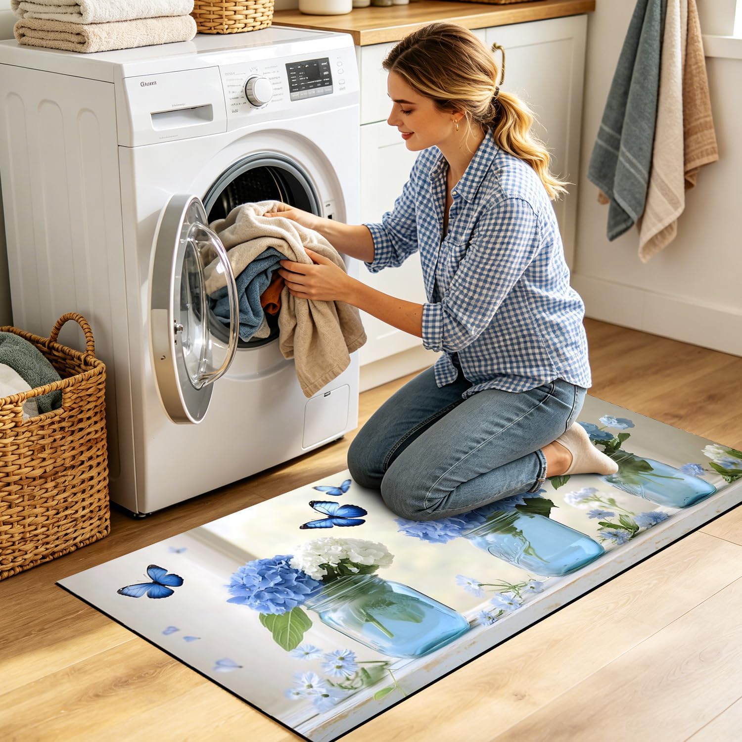 Kitchen Mat 19.7 x 47.2 Inch Non Slip Kitchen Runner Rug Blue Hydrangea Butterfly Long Floor Mat for Sink Laundry Hallway Entryway Decor