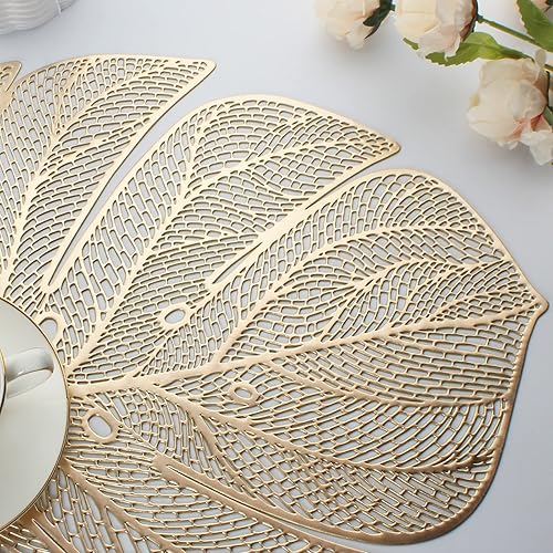 Miniatura 3 de Juego de 8 manteles individuales de vinilo en forma de hoja dorada para mesa de comedor, de plástico metálico, lavables, 6 manteles individuales