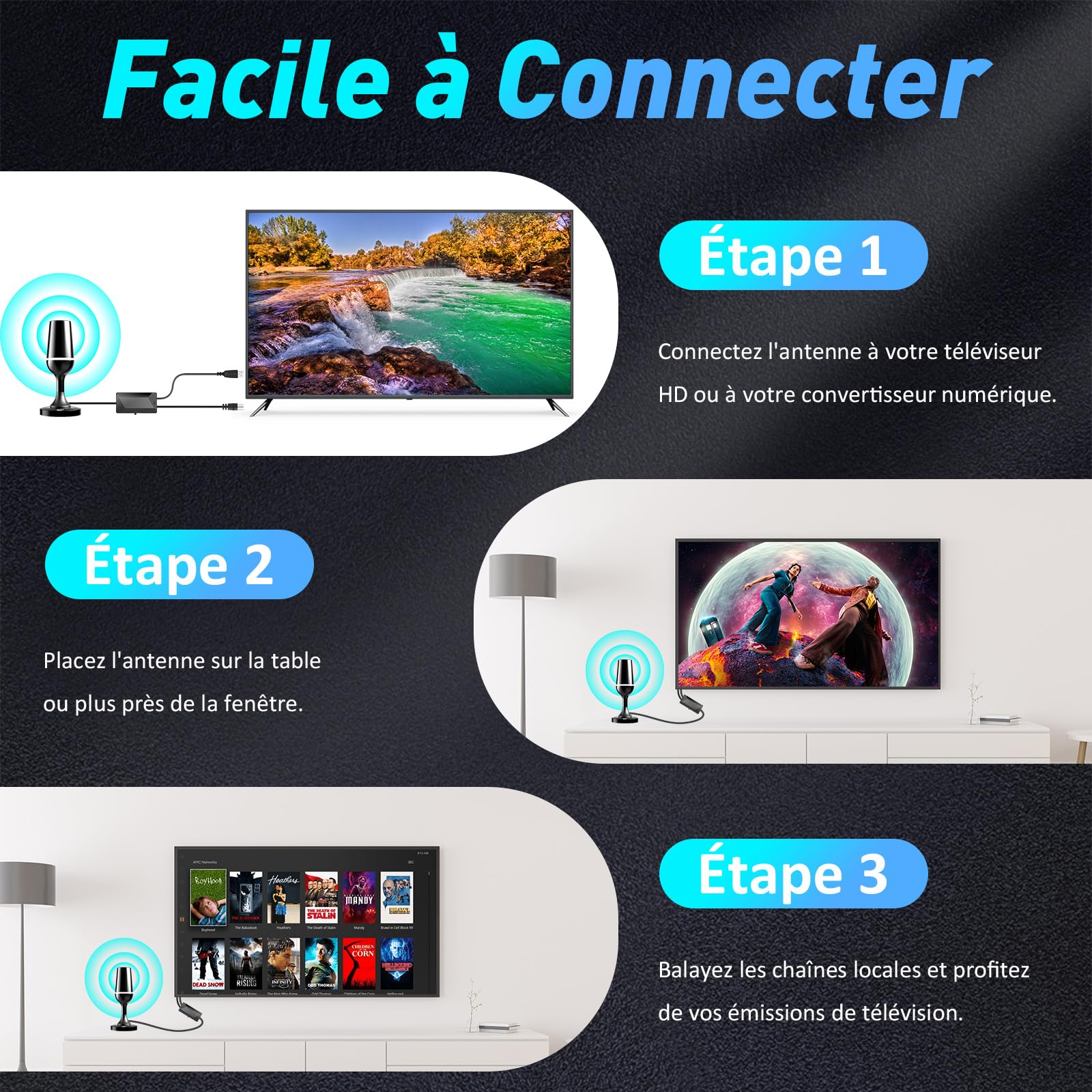 Antenne TV Intérieure Puissante TNT HD, 2026 Le Plus récent Antenne TV Intérieur, Réception Longue Portée à 360° avec Base Magnétique et d'un Amplificateur