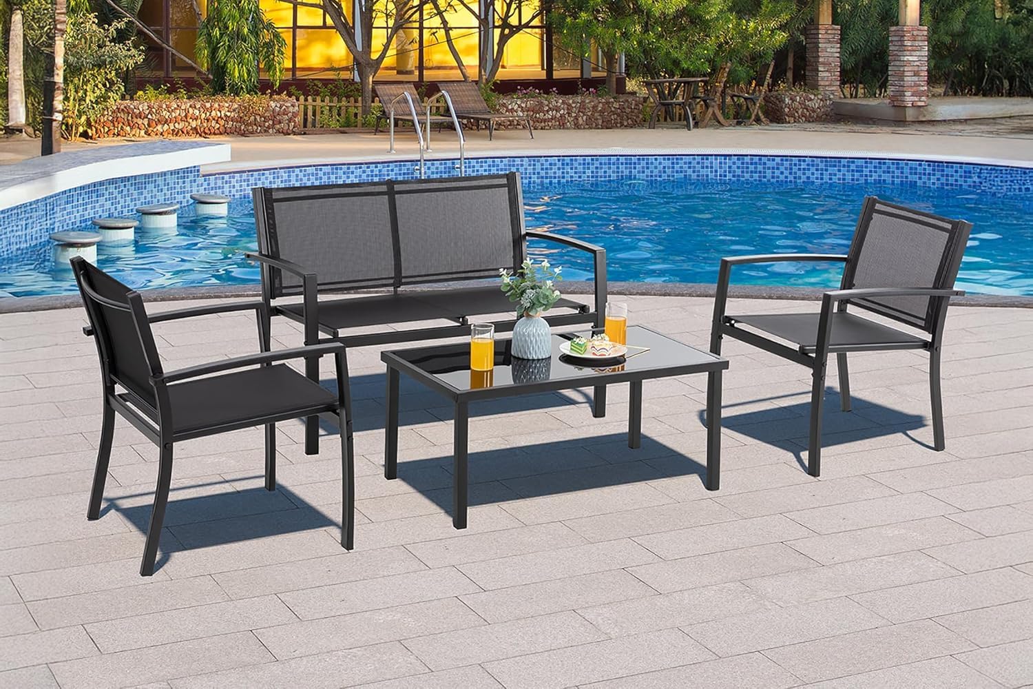 Salotto Da Esterno In Acciaio 2 Poltrone 1 Divano 1 Tavolo Giardino Esterno Con Seduta In Textilene Patio Salottino Relax Primavera Estate Mobili Estivi 4 Posti Tavolo Ripiano In Vetro - Nero