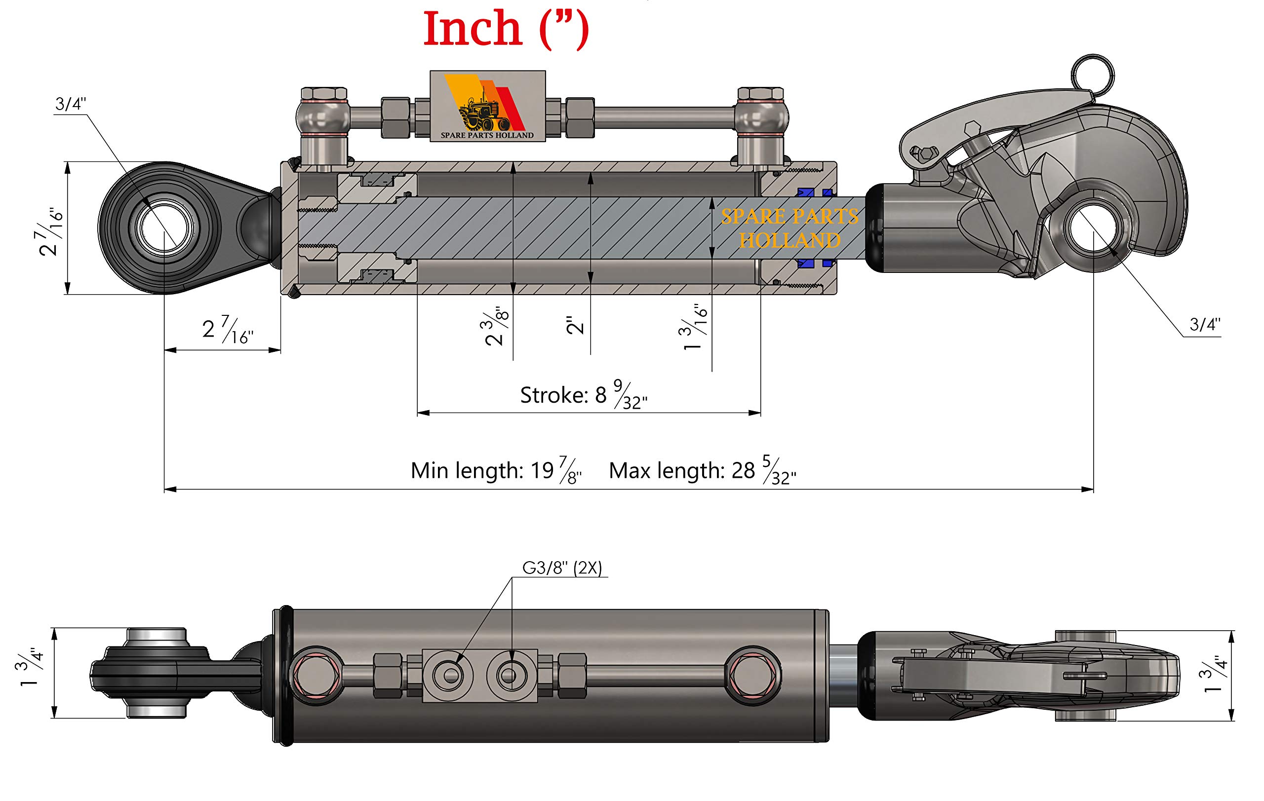 Hydraulischer Oberlenker Cat. 1+1 Fanghaken 505-715 mm Hub 210mm Sperrblock Schläuche 19,2
