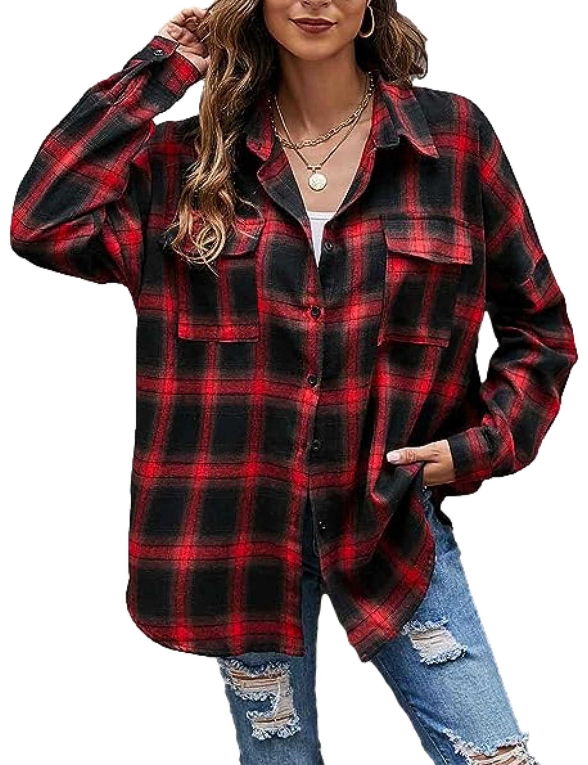 Zontroldy Camisas de franela a cuadros para mujer, de gran tamaño, ligeras, a cuadros, con botones, 02 Rojo, M