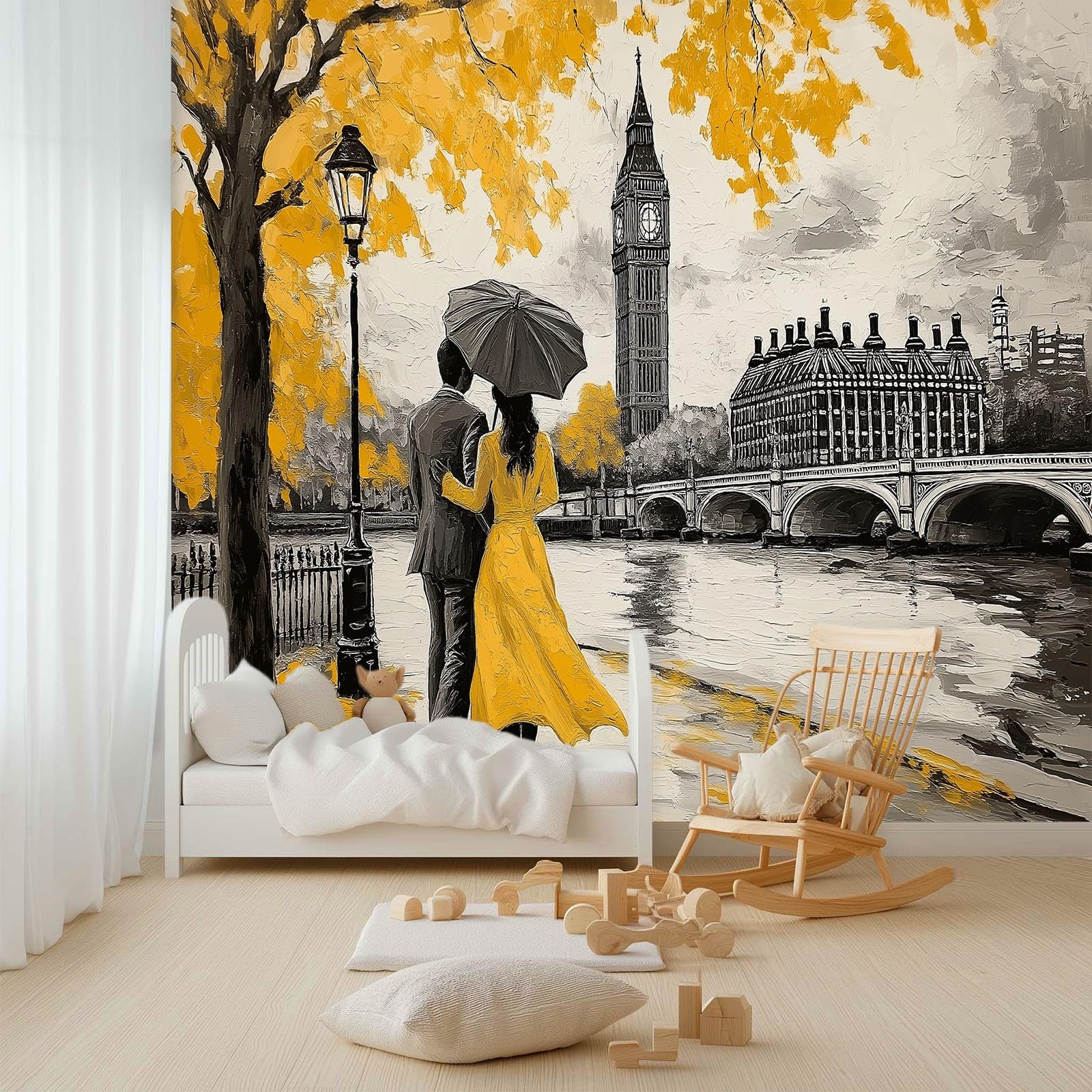 Art Papel Tapiz Fotográfico Pintura Al Óleo Londres Amor Amarillo Papel Pintado no Tejido 400x280 cm Lana Decoración de Pared Sala Cuarto Póster Mural para Sala de estar Dormitorio Decoración, Gris