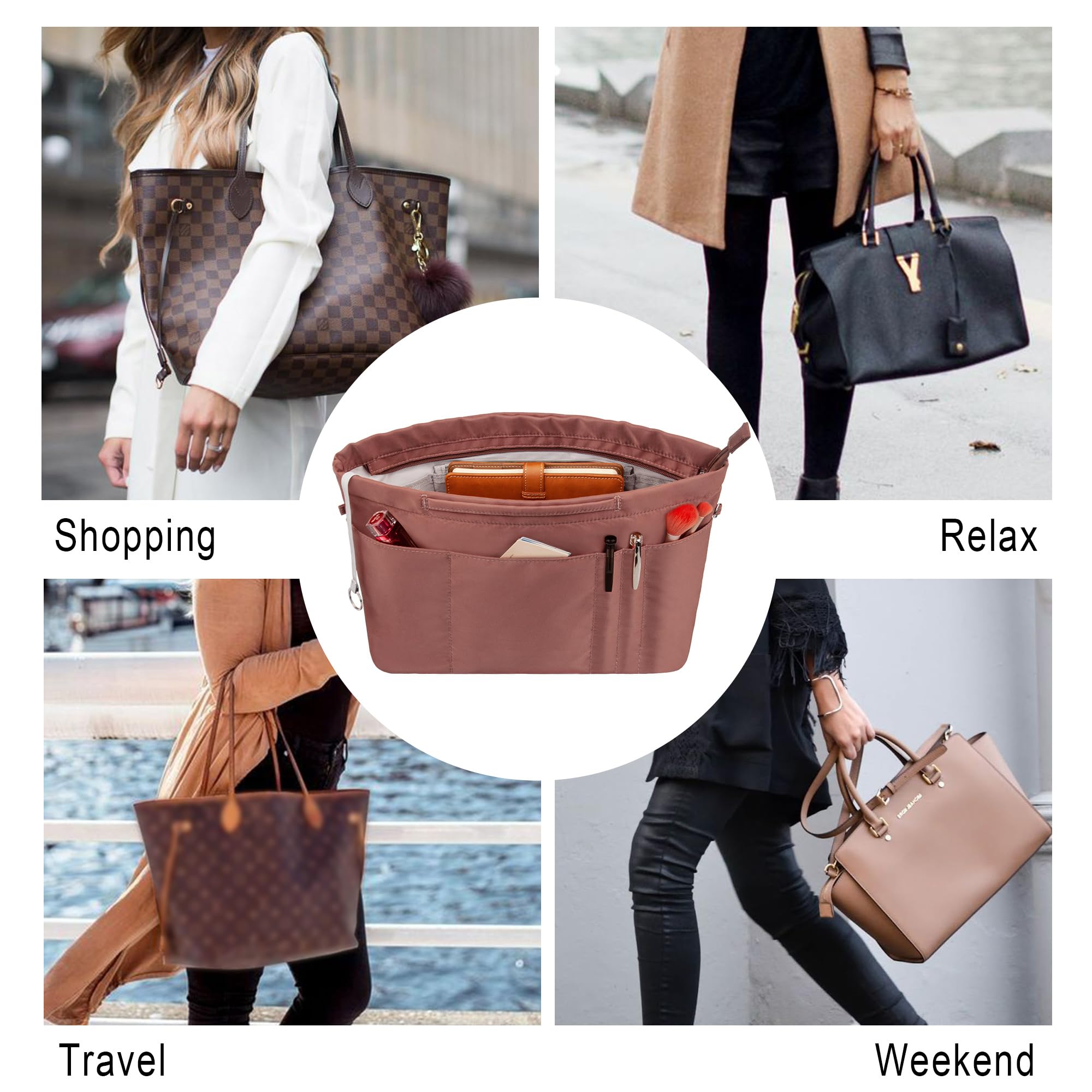 Organizadores de bolsa para bolso de mano en bolsa con forro de cremallera organizador de bolsa para mujeres 14 bolsillos 6