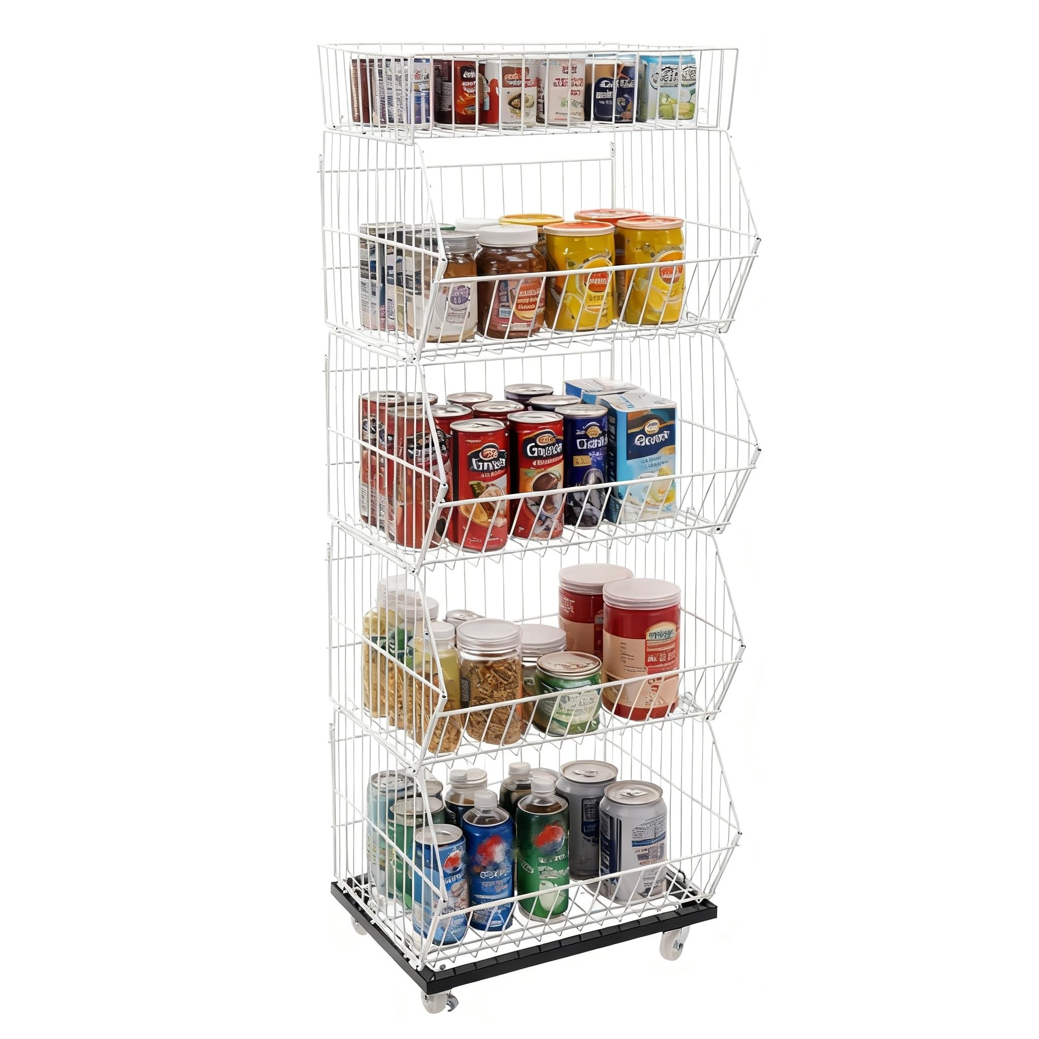 Chynalys White 5-Tier Retail Display Stand Freestanding Metal Shelving Unit With Wheels, Crisp Storage & Snack Organiser, Market Stall Display For Snacks, Sweet, Fruit And Candy (White)