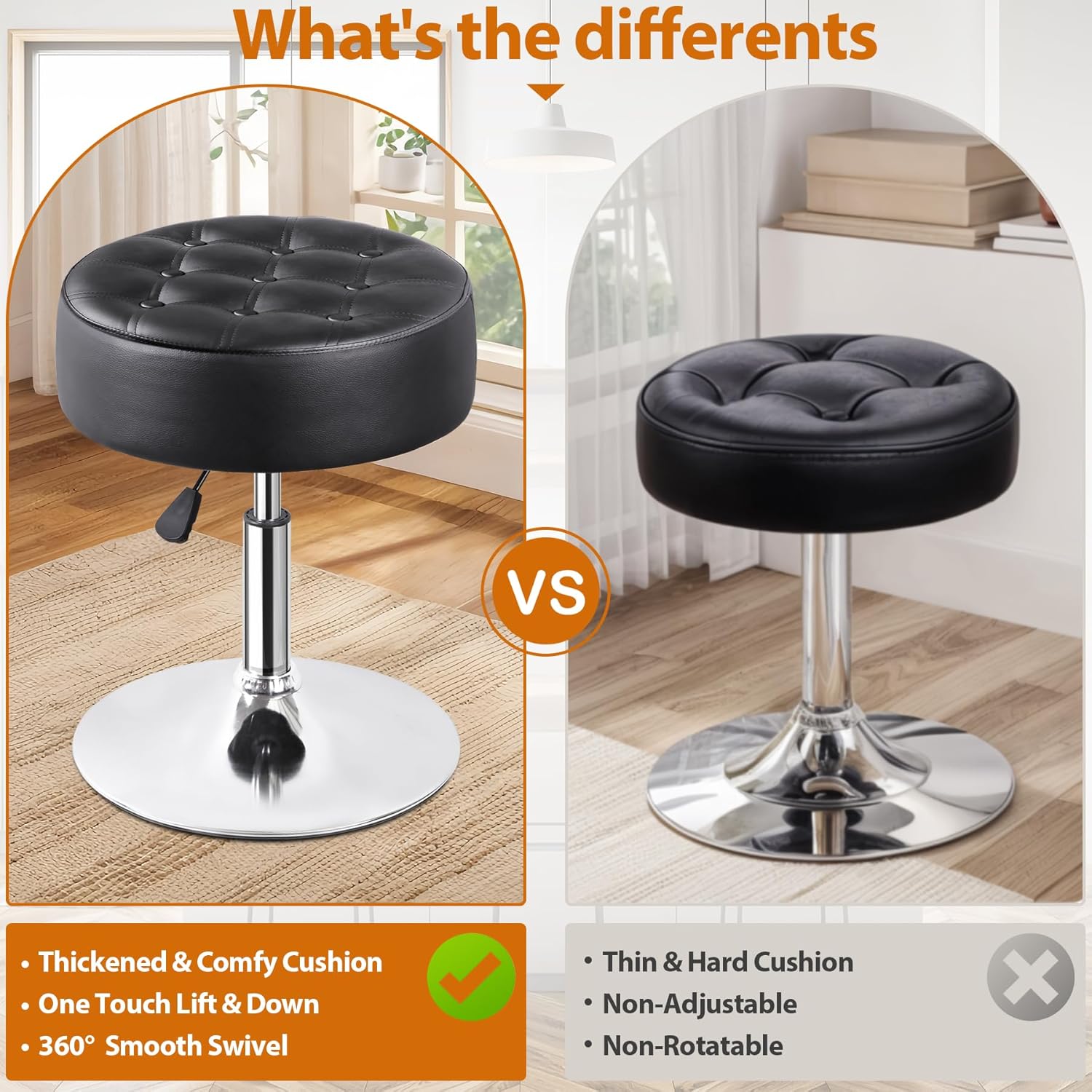 LEMY Adjustable Vanity Stool with 360° Swivel,Hydraulic Lift Round Makeup Chair Ottoman with Stable Base for Home Beauty Studio,Bedroom and Bathroom,Black