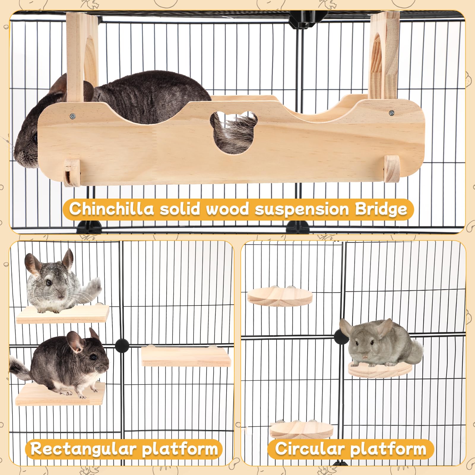 BWOGUE Chinchilla Hängebrücke, hängende große Kleintier-Holzbrücke und Plattform, Chinchilla-Länder und Plattformen Set für Zuckergleiter, Eichhörnchen, Chinchillas Lebensraum Spielzeug