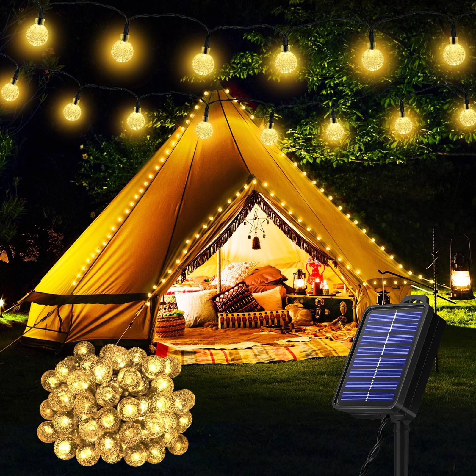 Solar Lichterkette Aussen Wetterfest, 60 LED 13,2M 43,3Ft 8 Modi IP65 Outdoor Lichterkette Solar aussen Wetterfest Lampions für Balkon Terassen Garten Bäume Weihnachtsdekoration Festival(warmweiß)