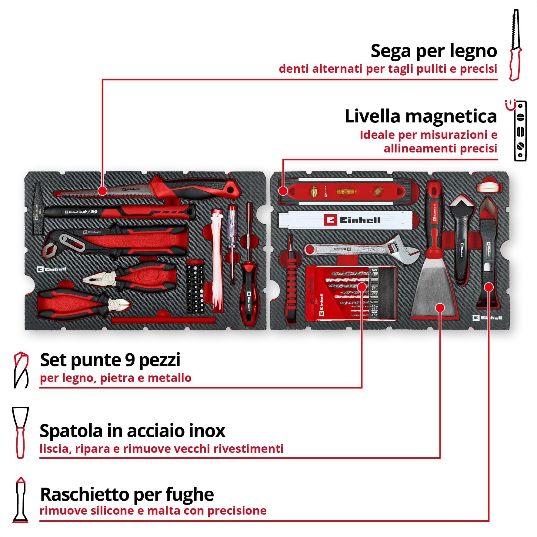 Original Einhell E-Case valigetta attrezzi 78 pezzi ristrutturazione (ristrutturazioni, punte trapano, inserti, utensile fughe, pinze, spatola, sega legno, chiave rullino, livella, valigetta sistema)