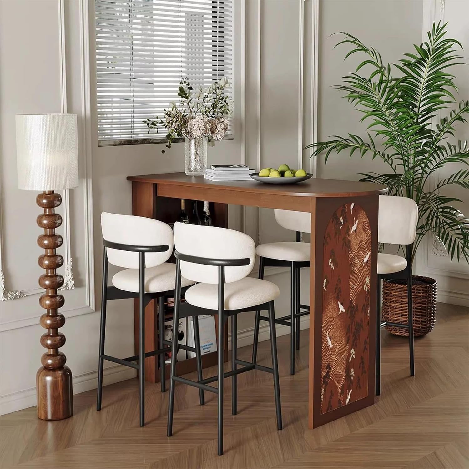 Storage Trolley Wood Bar Island Table with Side Shelves Decorative Crane Motif Panel Shelving Organizer