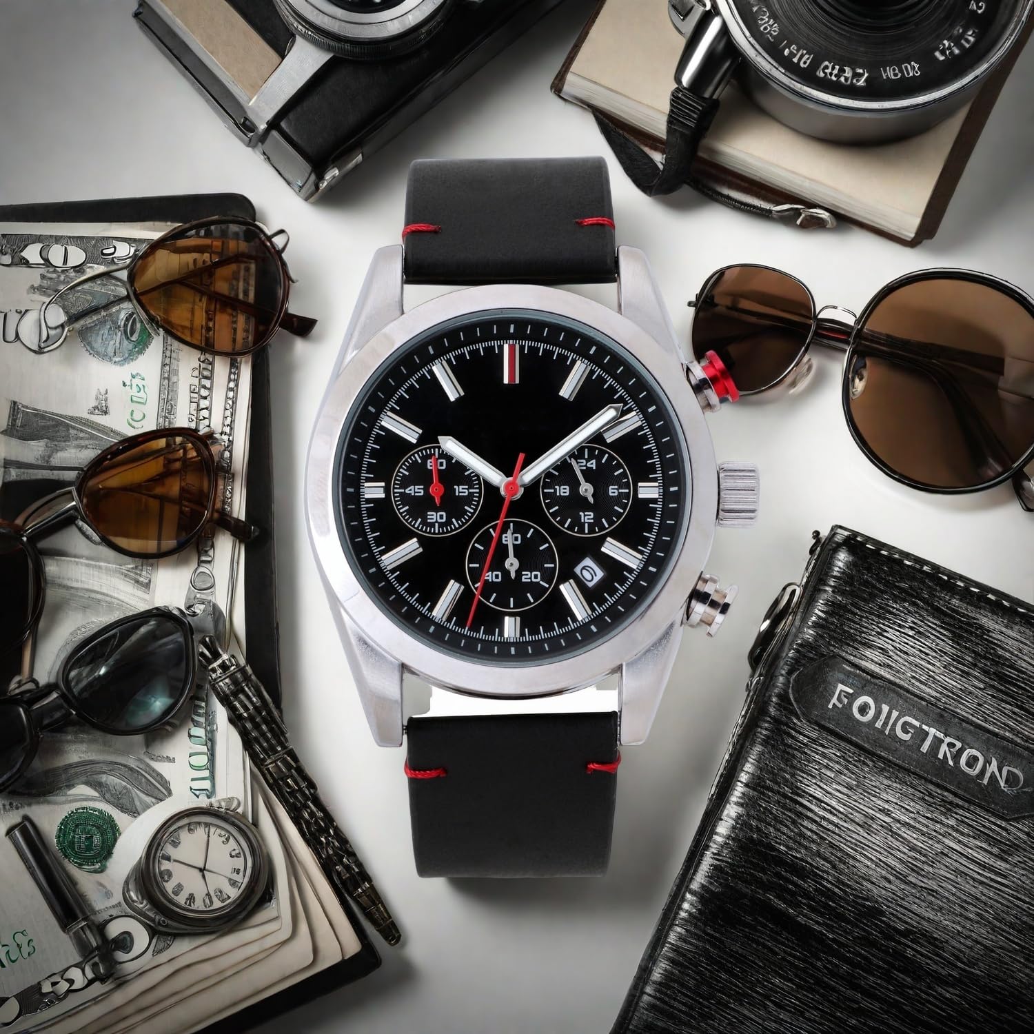 NUOVO Orologio Analogico al Quarzo Analogico Classico a tre Lancette da Uomo da 42 mm Con Quadrante Nero Mezzanotte e Cassa in Lega con Cinturino in Pelle Nera
