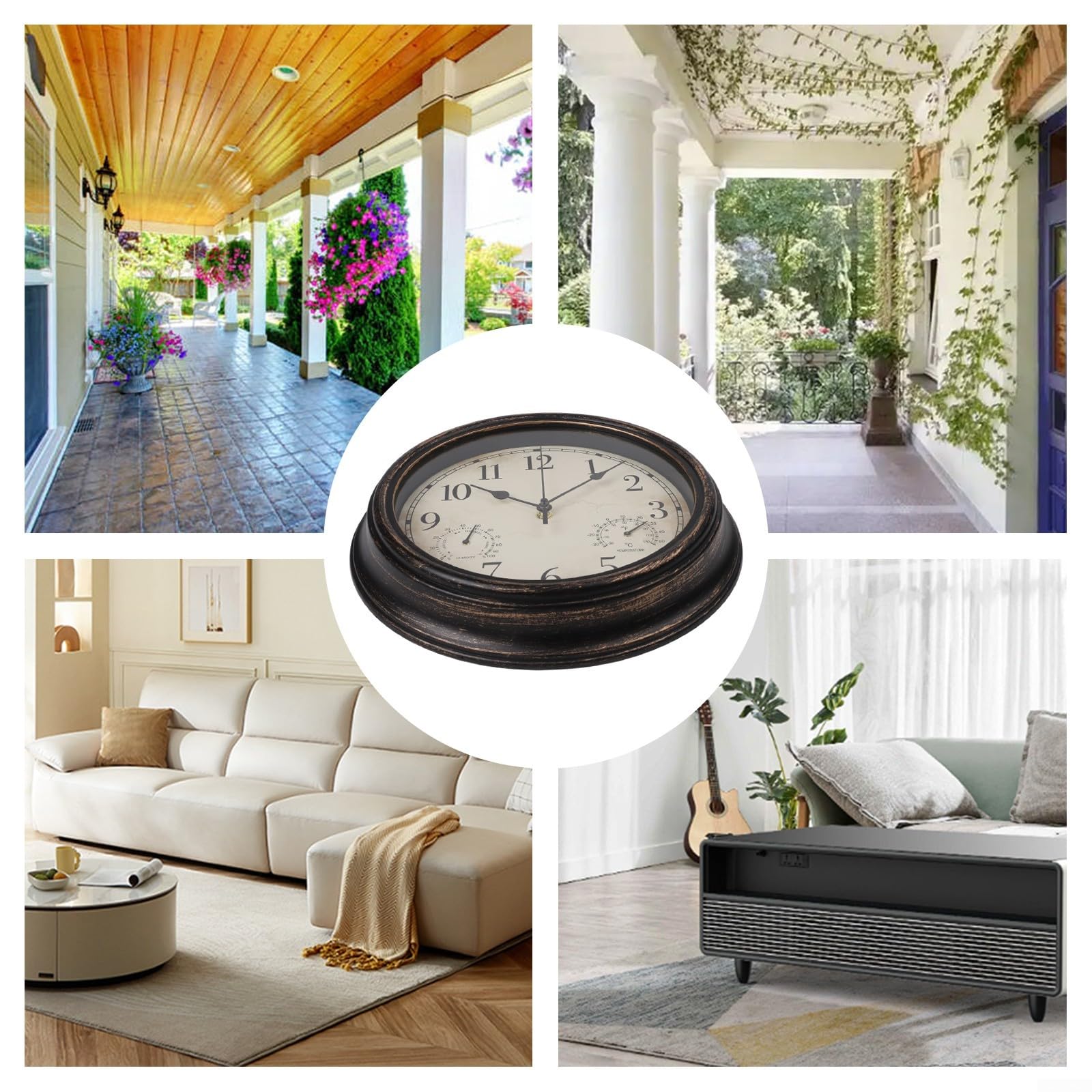 30,5 cm wetterfeste Wanduhr mit integriertem Thermometer und Hygrometer, geräuschlose Outdoor-Gartendekoration, Vintage-Stil, Kunststoffrahmen (Bronze-Gold)