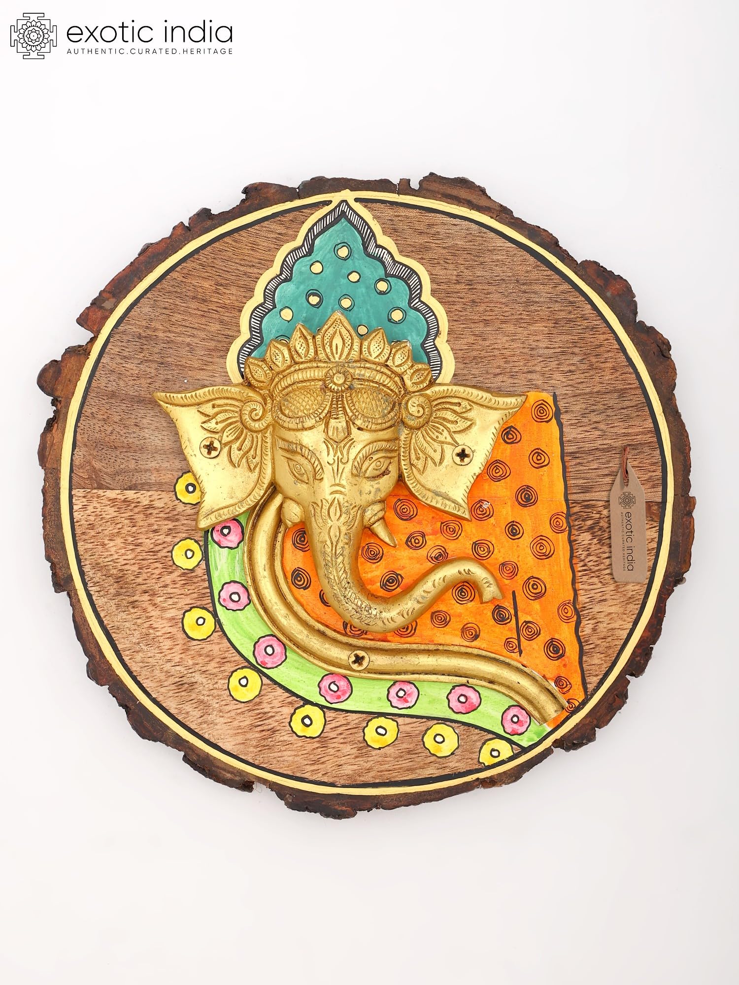 Exotic India Ręcznie malowany drewniany oprawiony mosiądz lord Ganesha twarz wisząca na ścianę do domu | dekoracja pokoju puja | prezent Diwali