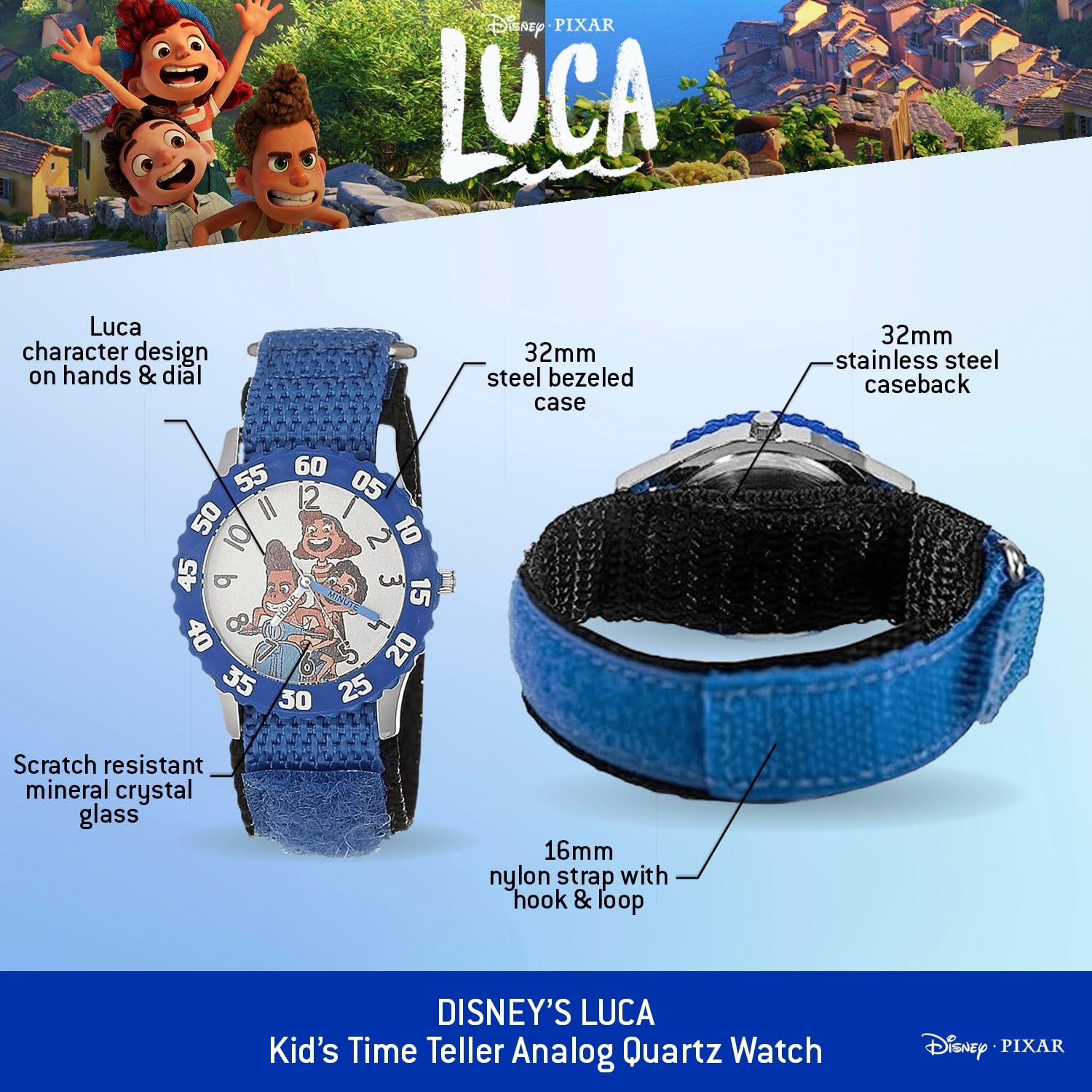 Disney Set di 2 orologi per bambini dai 4 ai 7 anni, con quadrante Luca e Raya, lunette blu e bianche con cinturini in nylon e silicone, regalo per ragazzi, ricevi 2 orologi misteriosi bonus