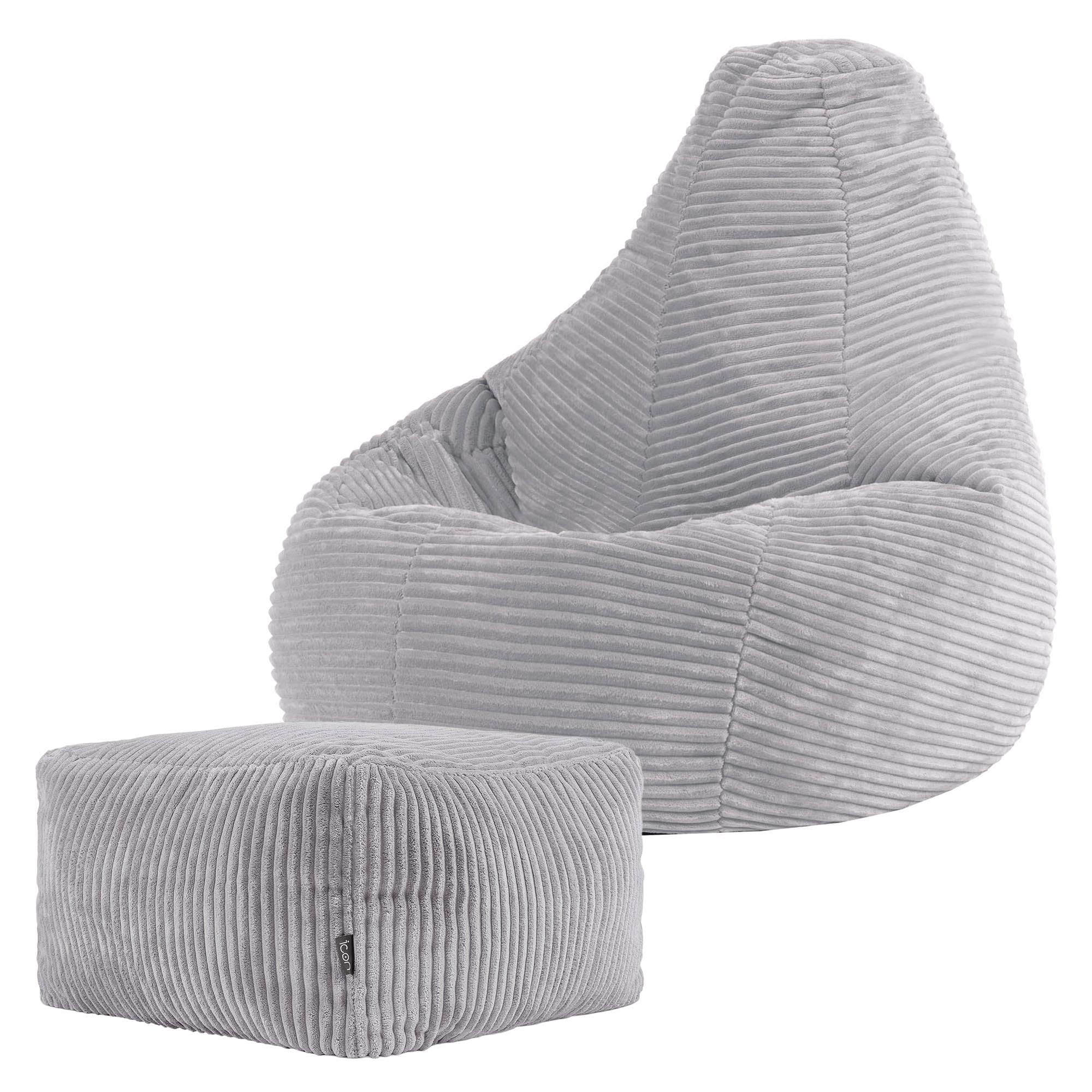 icon Dalton Kids Bean Bag and Footstool, Grey, Cord Kids Bean Bag Chair with Filling Included for Girls and Boys, Childrens Chair, Beanbags for Children, Playroom Décor, Bedroom Accessories