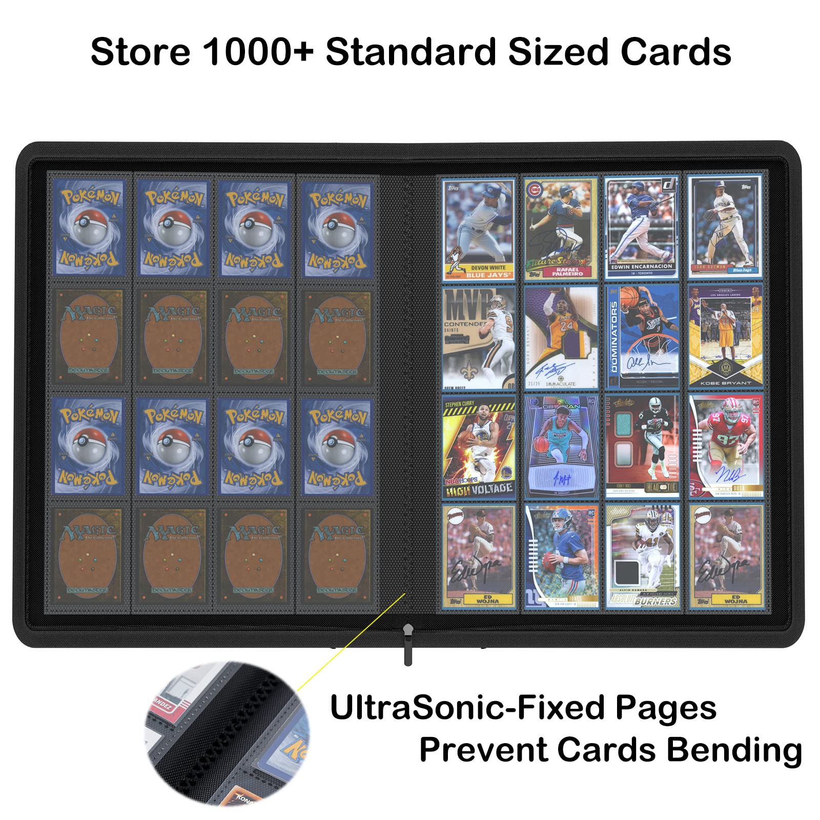 Rayvol Premium 1000+ Pockets Card Binder, 16-Pocket Ringless Trading Card Album Folder - Side Loading UltraSonic-161024 Tech Zip Binder for TCG -Black