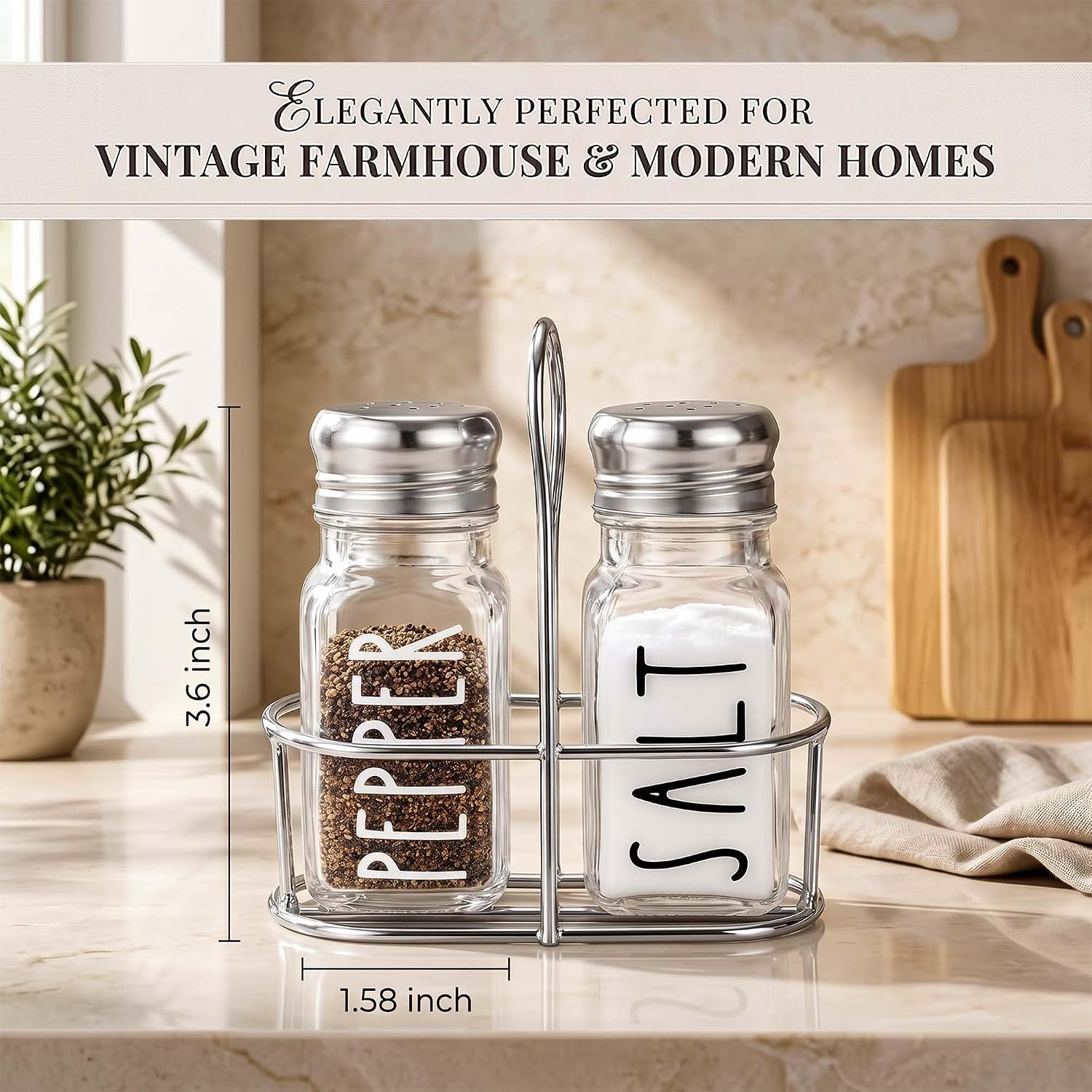 Farmhouse Salt and Pepper Shakers Set, Clear Glass Salt Pepper Shakers with Stainless Steel Lids and Holder, Kitchen Table Seasoning Shakers Set, Vintage, Rustic or Modern Kitchen Decor image 3