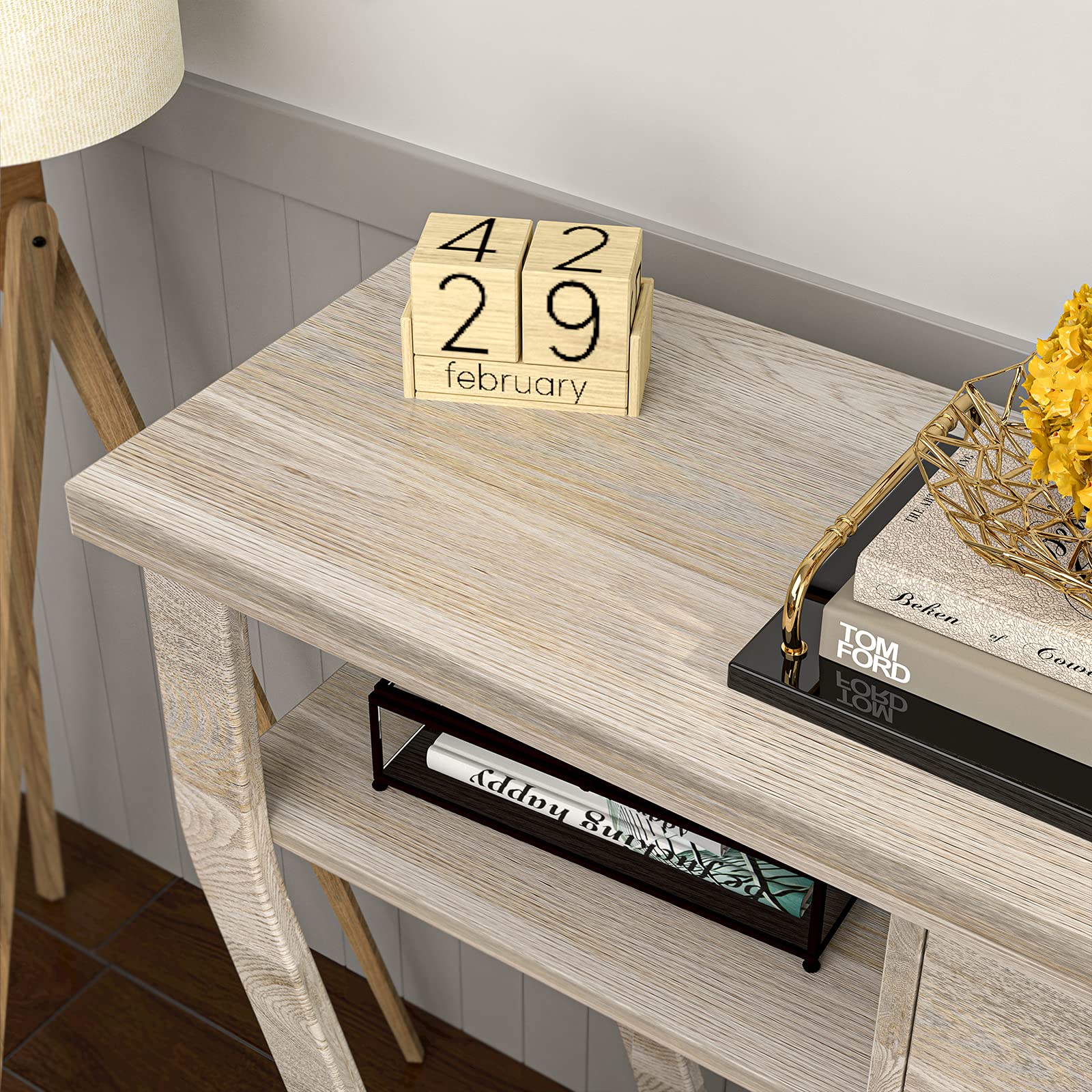 GIANTEX Mesa Consola Estrecha de Madera con Cajón, 120 x 30 x 81 cm, Mesa Auxiliar con Estante Inferior y 2 Estantes Abiertos Laterales, Mueble Recibidor para Entrada, Salón (Gris)