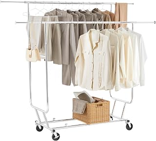 Yaheetech Perchero de Ropa con Ruedas Burro Ropa Resistente Ajustable 128-188cm Ancho 140-165cm Alto Doble Varilla Extensible Base para Zapatos Soporta 113kg Plata