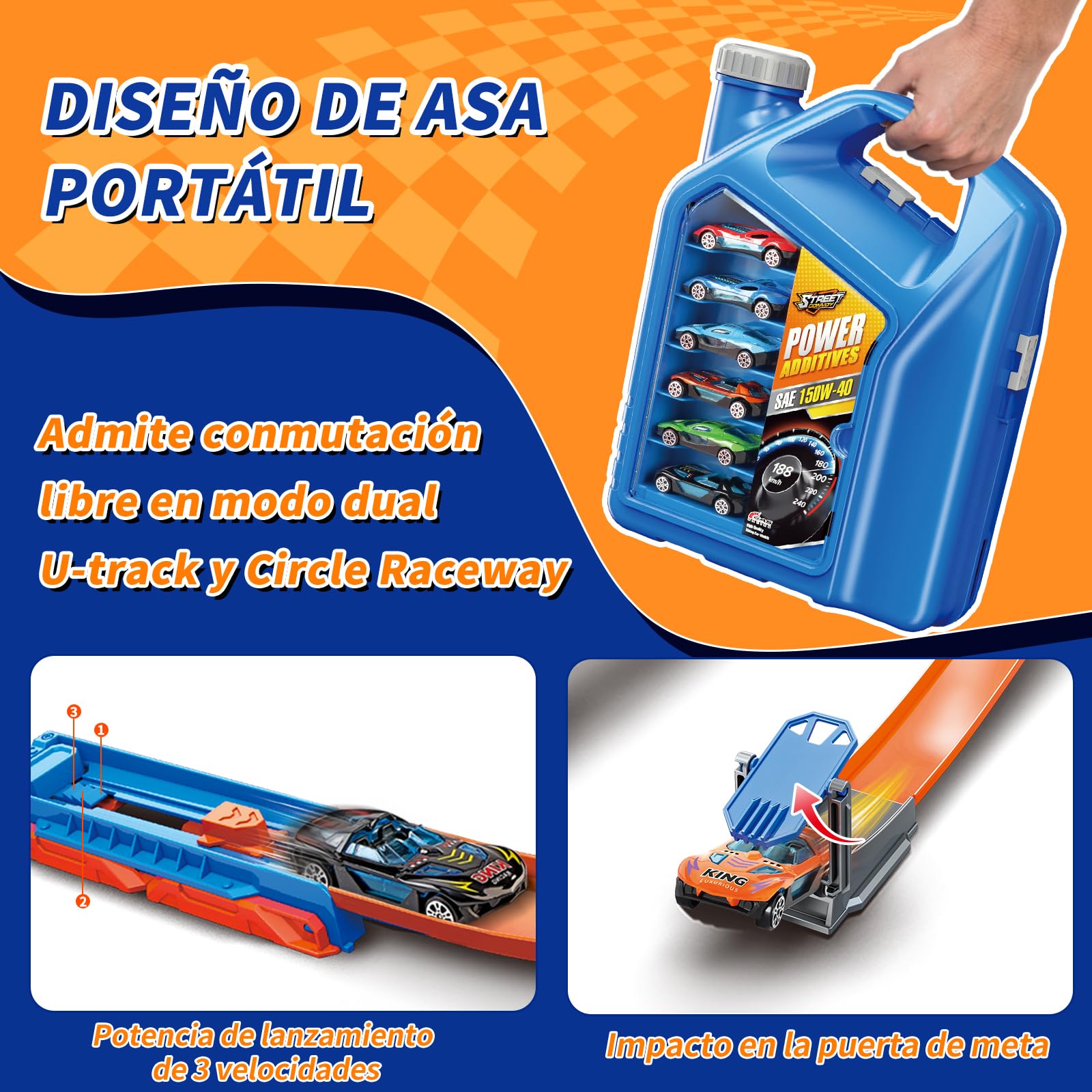 Charmofun Pista de Coches para Niños, 2 in 1 Pista de Coches con 6 Coches, Caja Almacenamiento, Pista de Carreras con Pista en Bucle y U, Juguete Pistas Portátil para Niños 3+ Años (Azul)