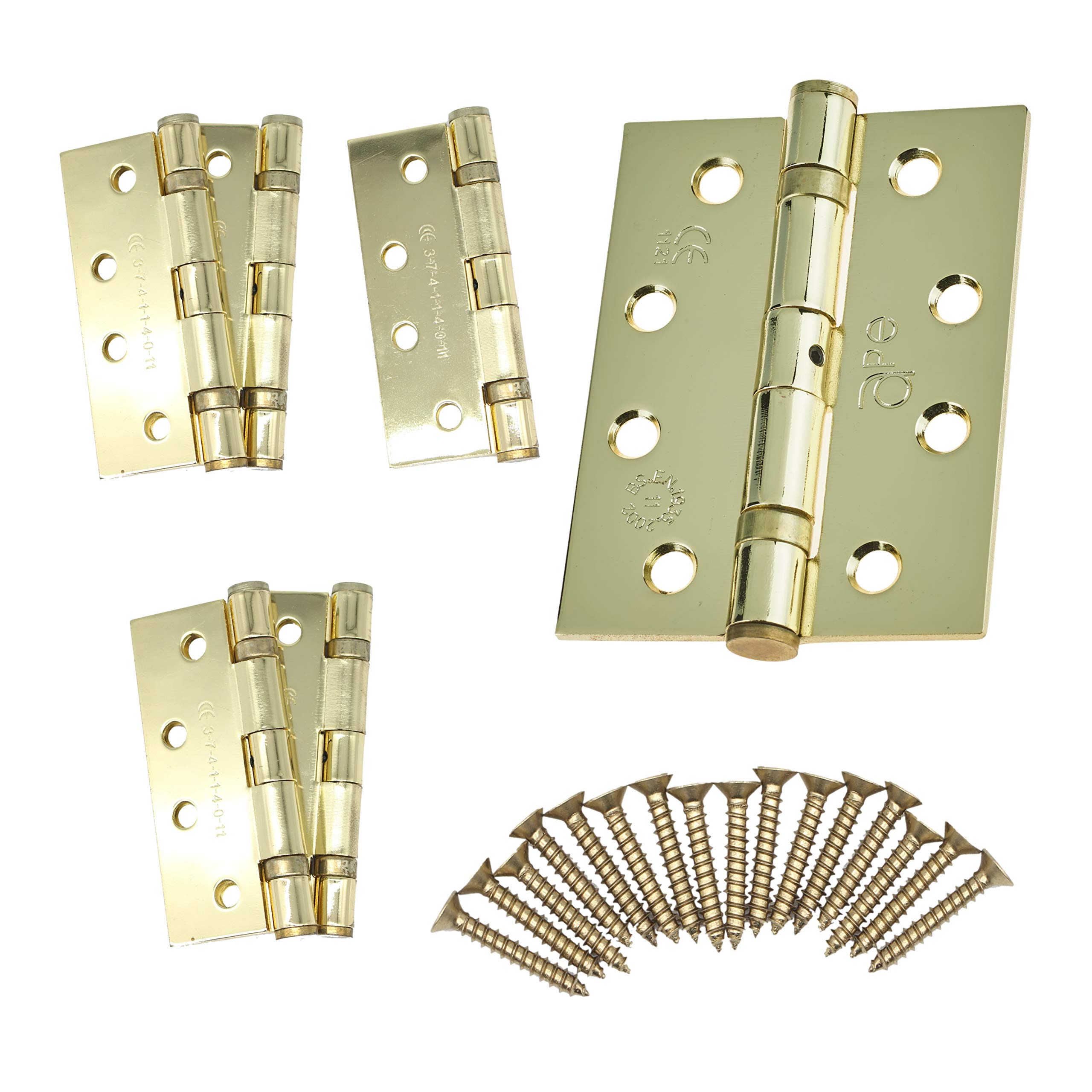 Door Hinges 4" 102mm Ball Bearing, 3 Pairs (6 Hinges + Screws) Polished Brass