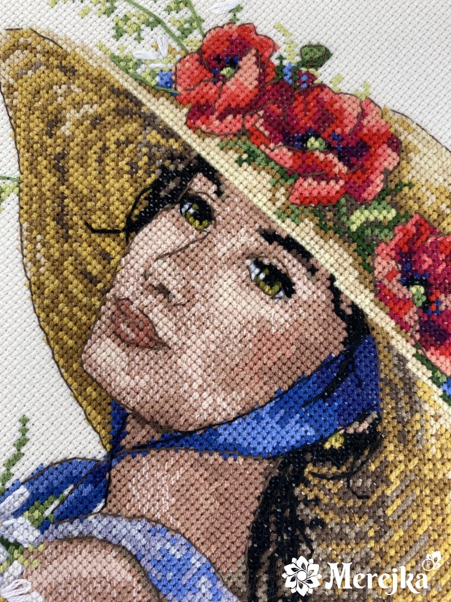 Merejka Kit de broderie au point de croix avec chapeau de fleur, Loisir Créatif Adulte, Kit Activité Manuelle