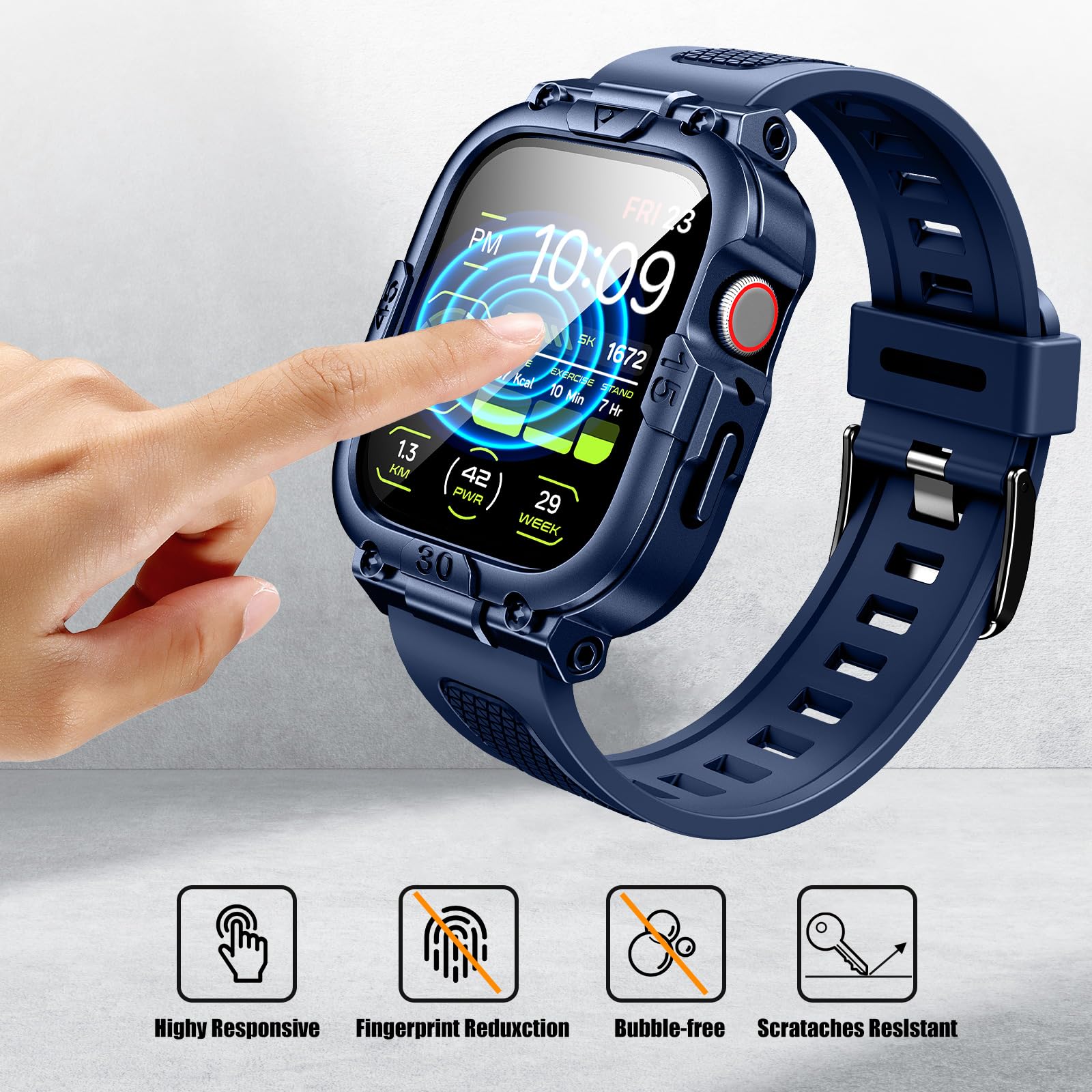 Dsytom Custodia impermeabile con cinturino compatibile con Apple Watch Band 45 mm, 44 mm, 41 mm, 40 mm, per uomo, robusto cinturino per smartwatch con pellicola protettiva in vetro temperato integrata